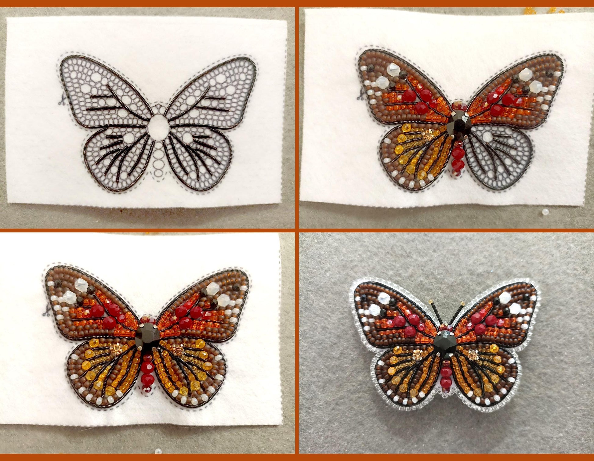 four pictures of a butterfly made out of beads