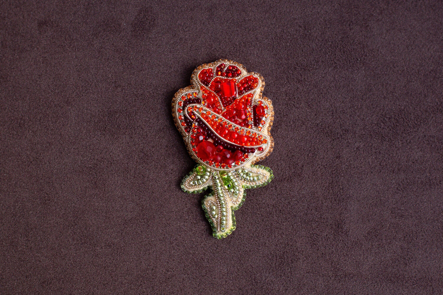 Red Rose Flower - Readymade Beaded Brooch