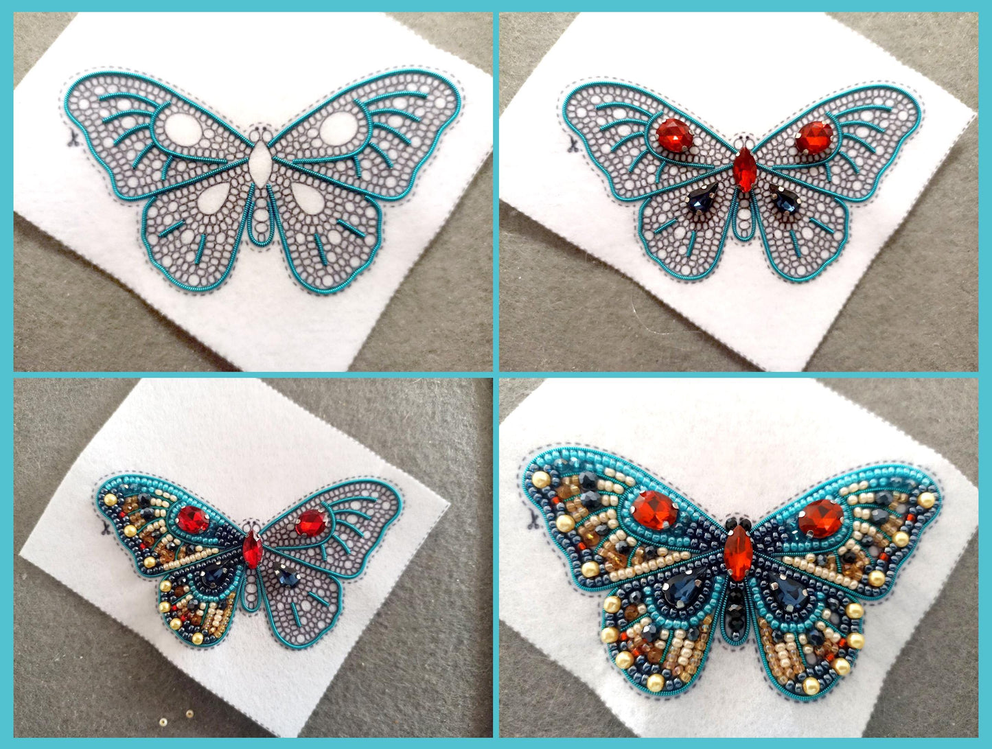 four pictures of a butterfly with beads on it