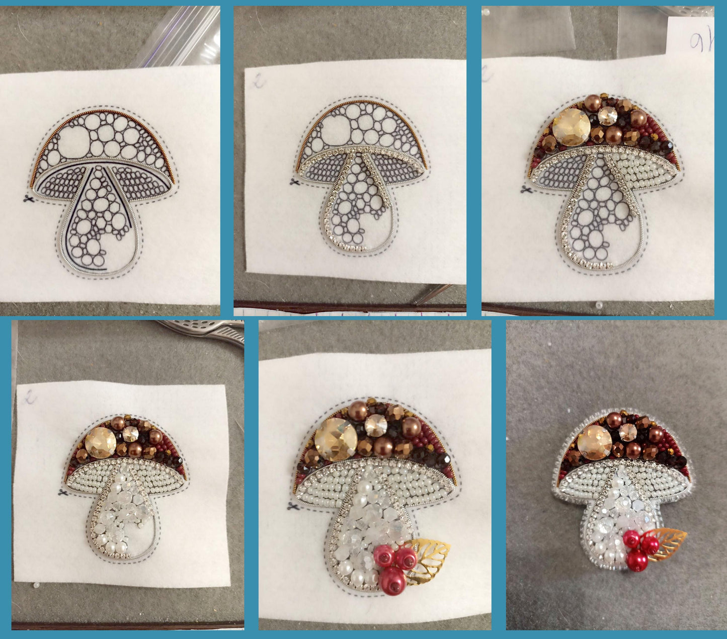 a collage of pictures of a brooch with beads