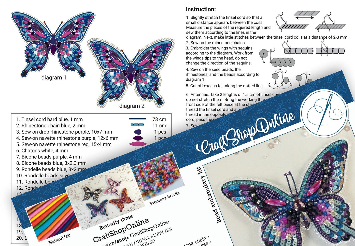 Blue Butterfly Beading Kit for Brooch Making | Complete Bead Embroidery and Needlework Beading Set | DIY Jewelry Craft Kit