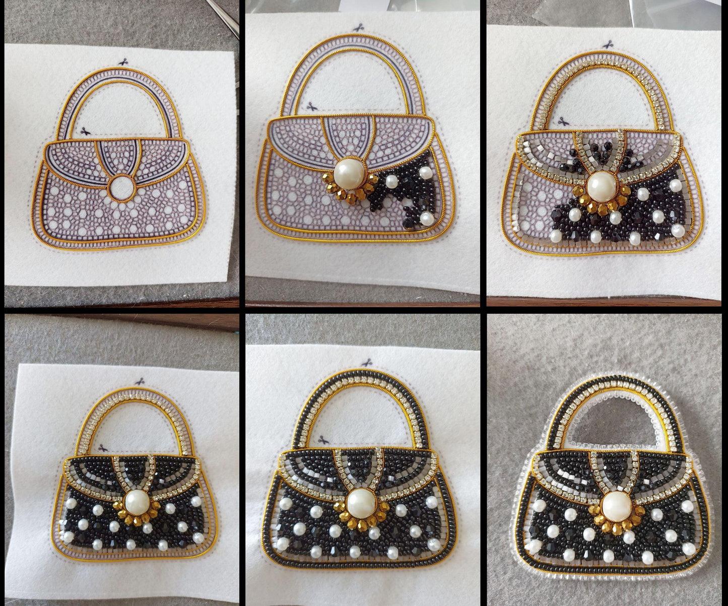 The image is a collage of six images depicting the process of creating a handbag design, showing the different stages from the initial design to the final product.