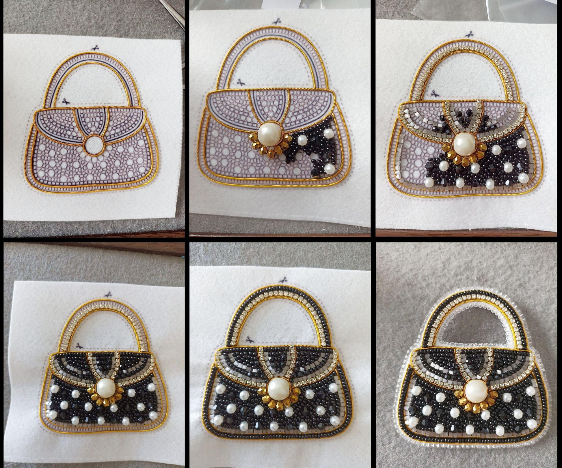 The image is a collage of six images depicting the process of creating a handbag design, showing the different stages from the initial design to the final product.