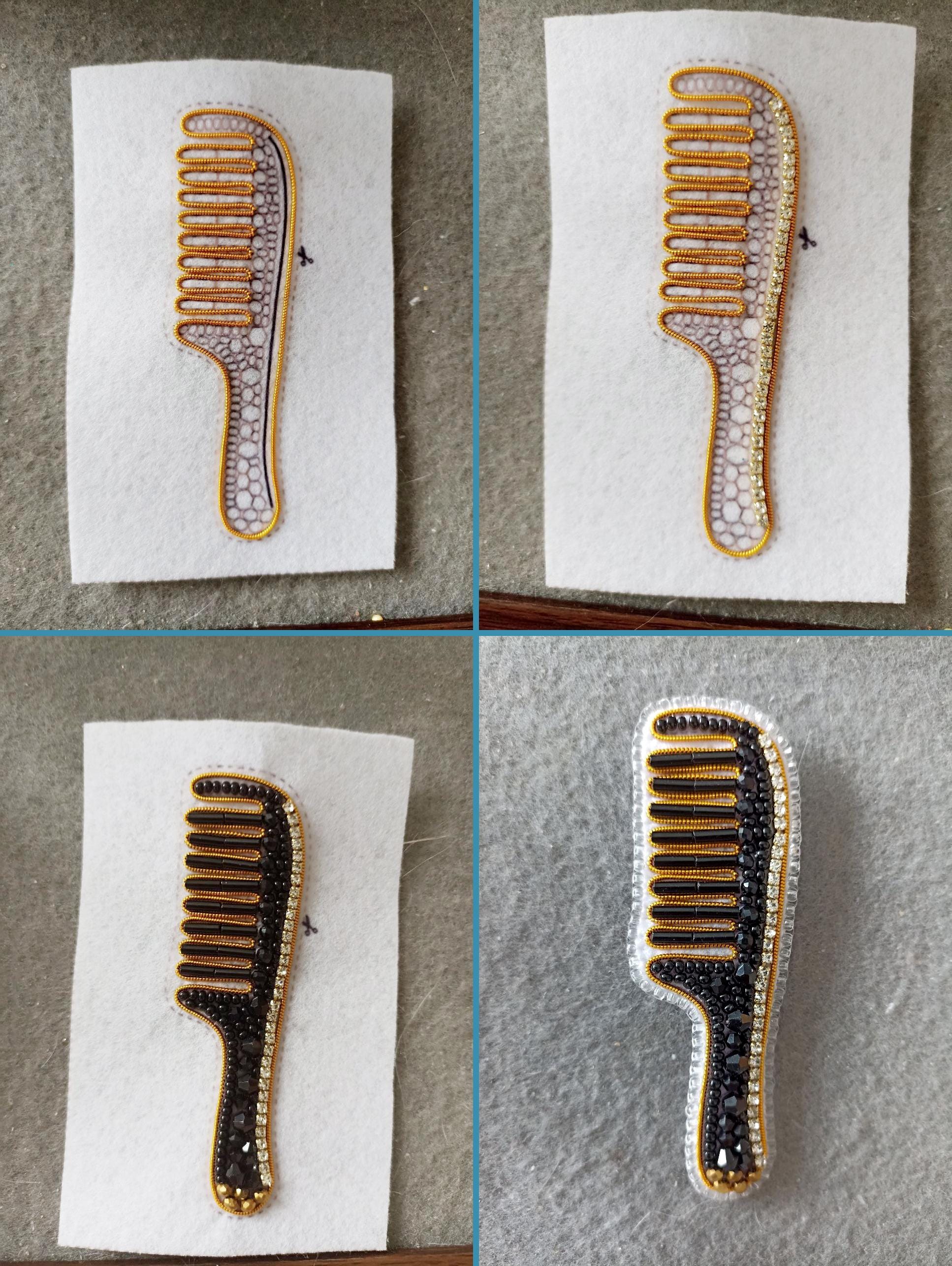 The image is a collage of four photographs depicting a comb with a gold and black design.