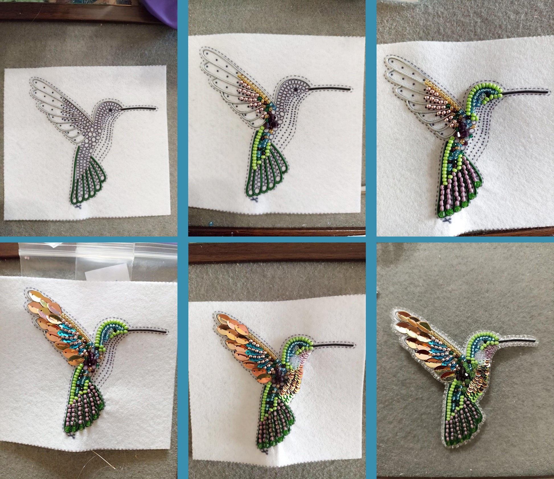a series of pictures of a hummingbird made of beads