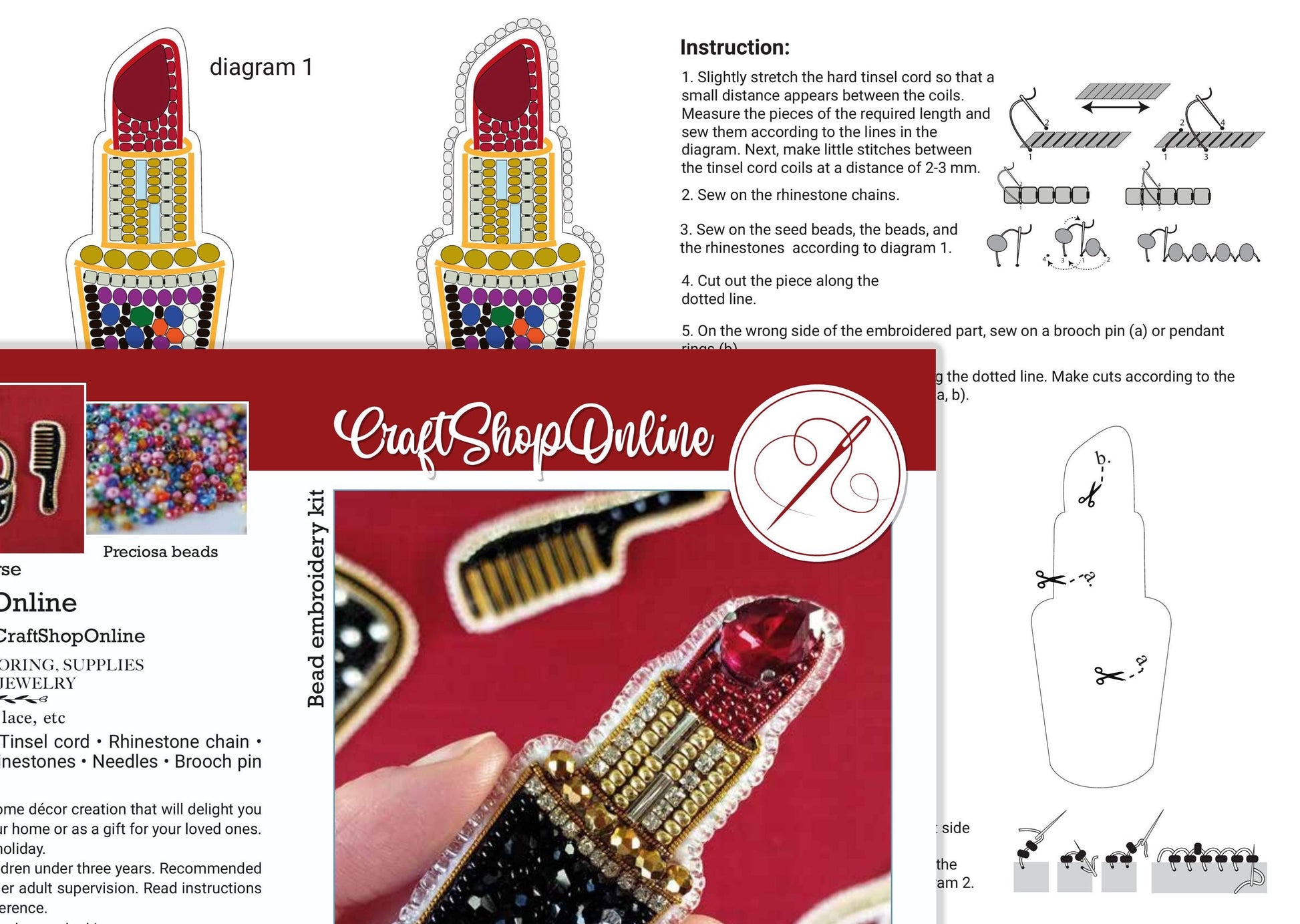The image is a collage of various images related to the craft of beading, including a close-up of a beaded object, instructions, and a diagram.