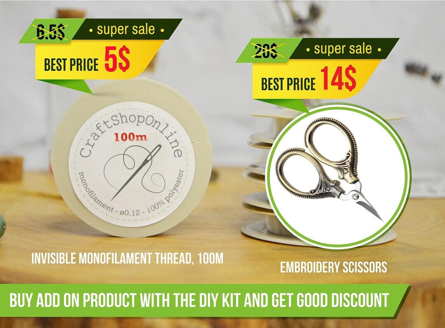 two price tags for sewing supplies, including a monofilament thread and embroidery scissors, with a DIY kit available. The tags display the prices for the items and offer a "super sale" discount.
