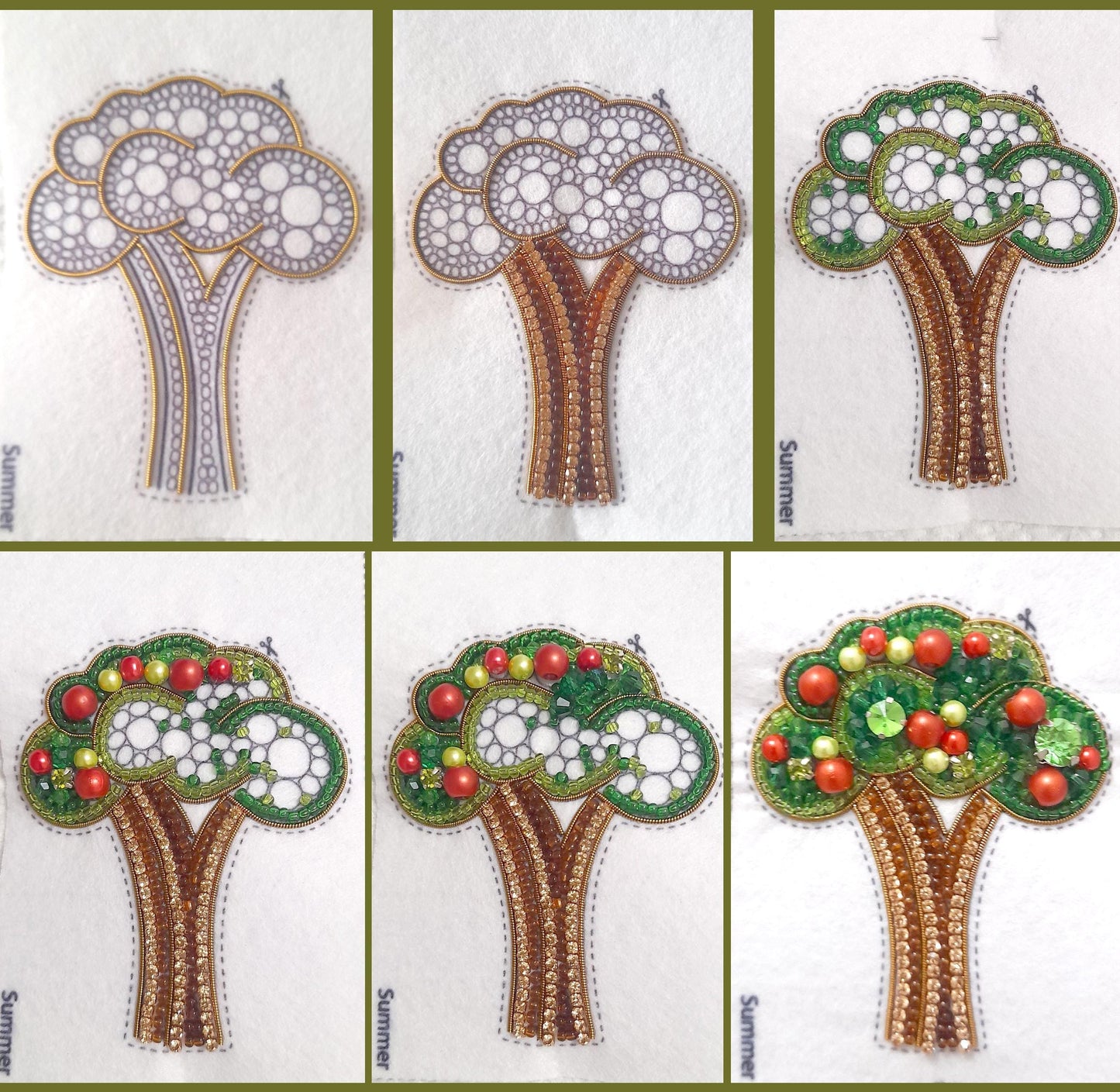 four pictures of a tree made out of beads