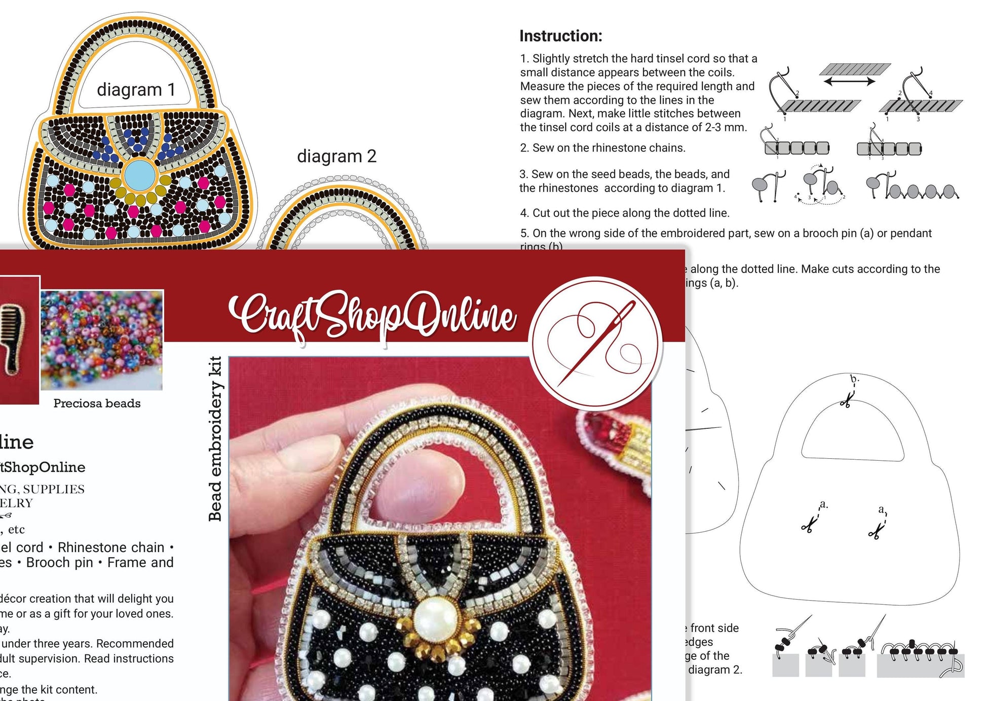 The image is a collage of various images related to beading and embroidery, including a hand holding a beaded object, a diagram, and a pattern. The collage appears to be a collection of images showcasing different aspects of beading and embroidery techniques and materials.