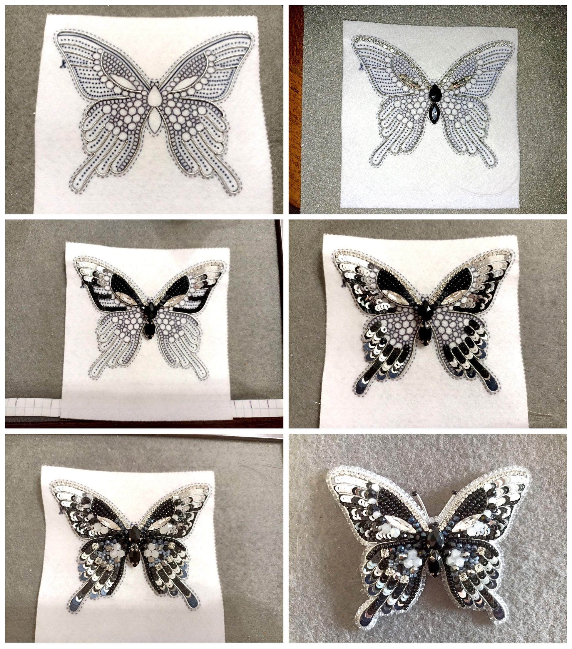 four pictures of a butterfly on a white cloth