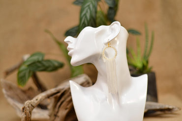 a white sculpture of a woman's head with a pair of earrings on it