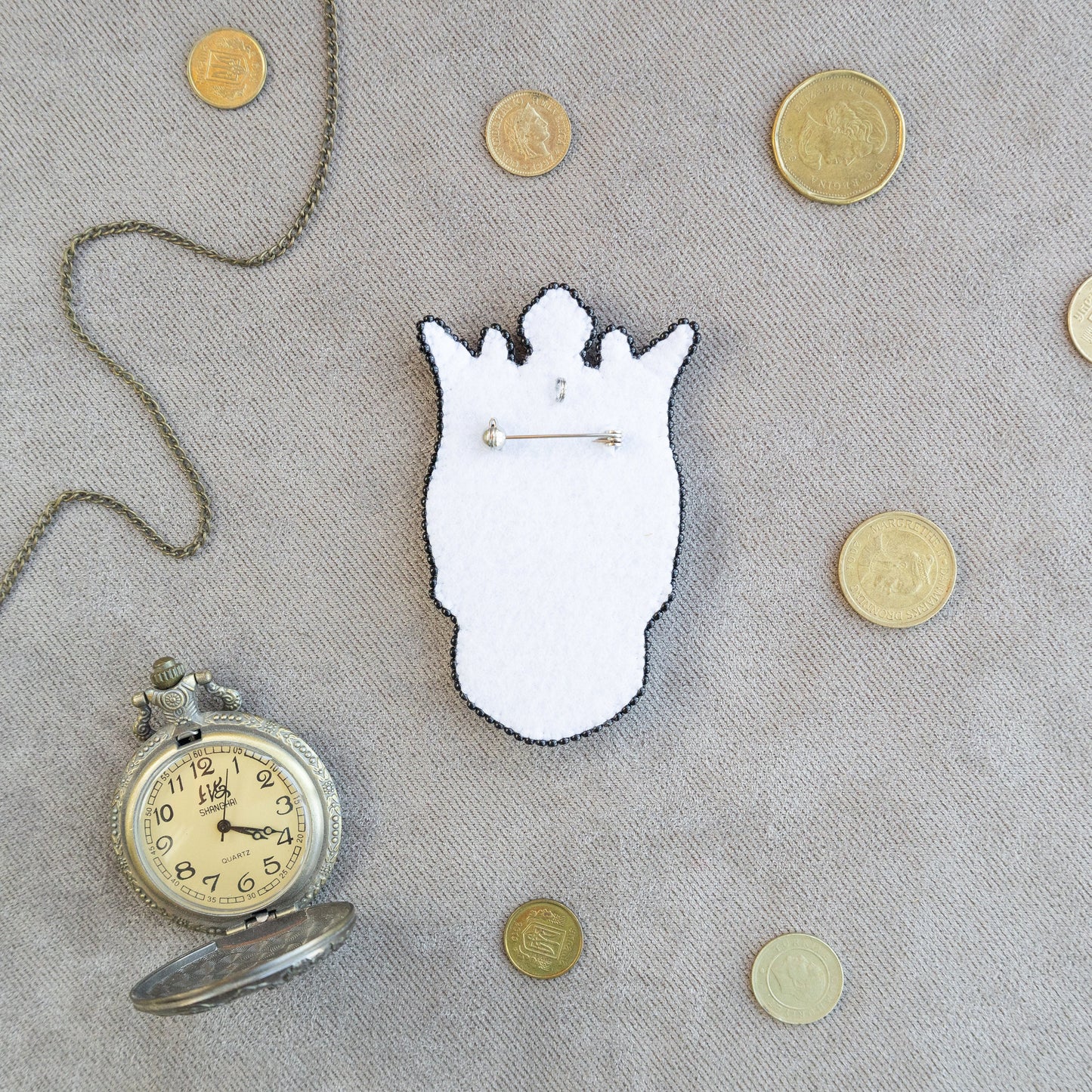 a picture of a clock and some coins