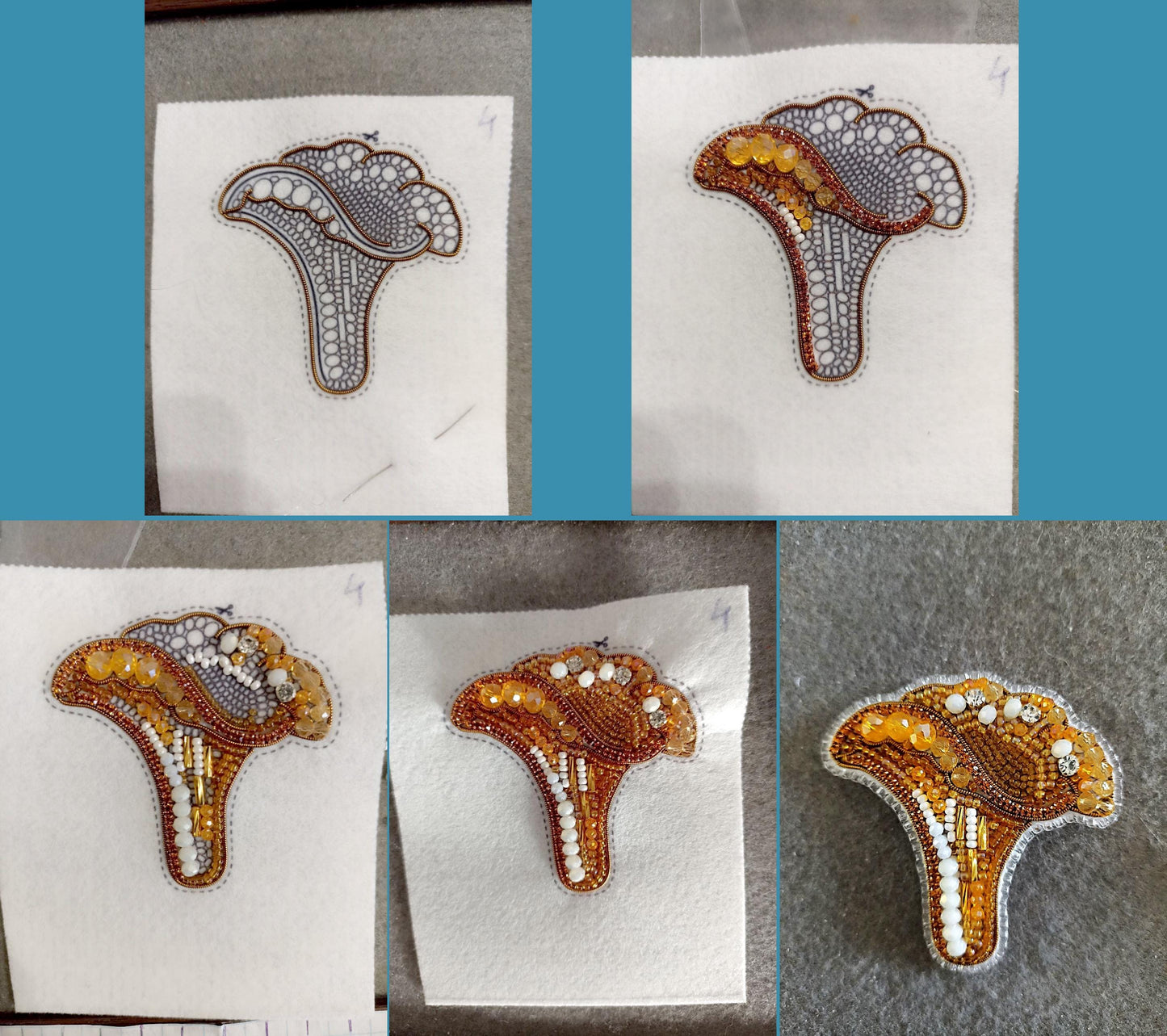 four pictures of different designs on a piece of cloth