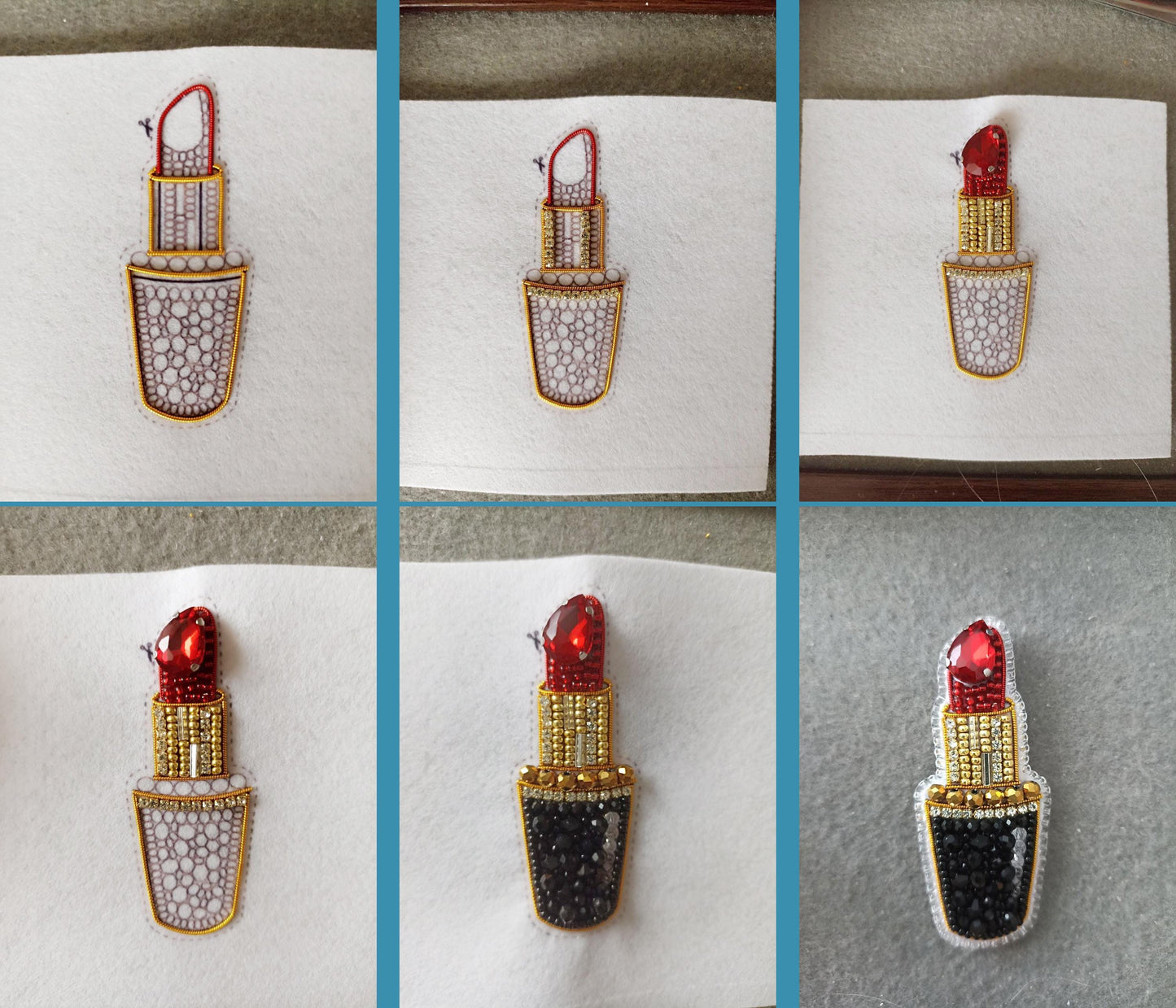 The image is a collage of six images showing a close-up view of a red and gold makeup product, specifically a lipstick, with various embellishments such as rhinestones and pearls.