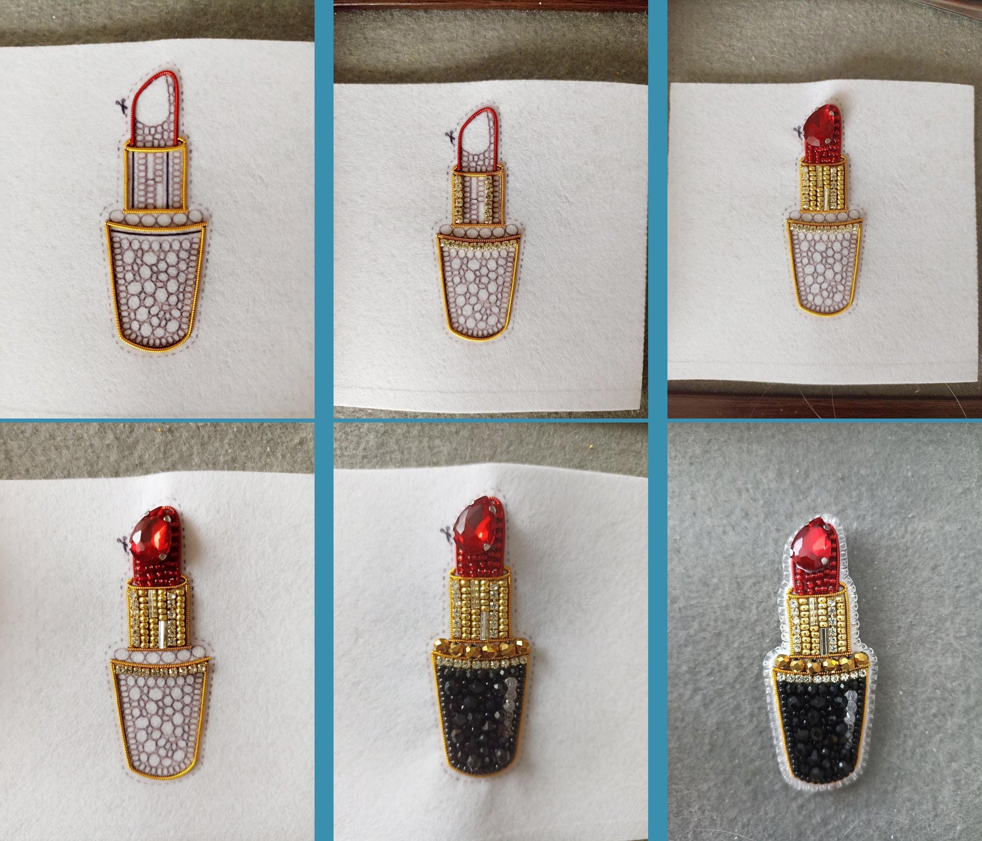 The image is a collage of six images showing a close-up view of a red and gold makeup product, specifically a lipstick, with various embellishments such as rhinestones and pearls.