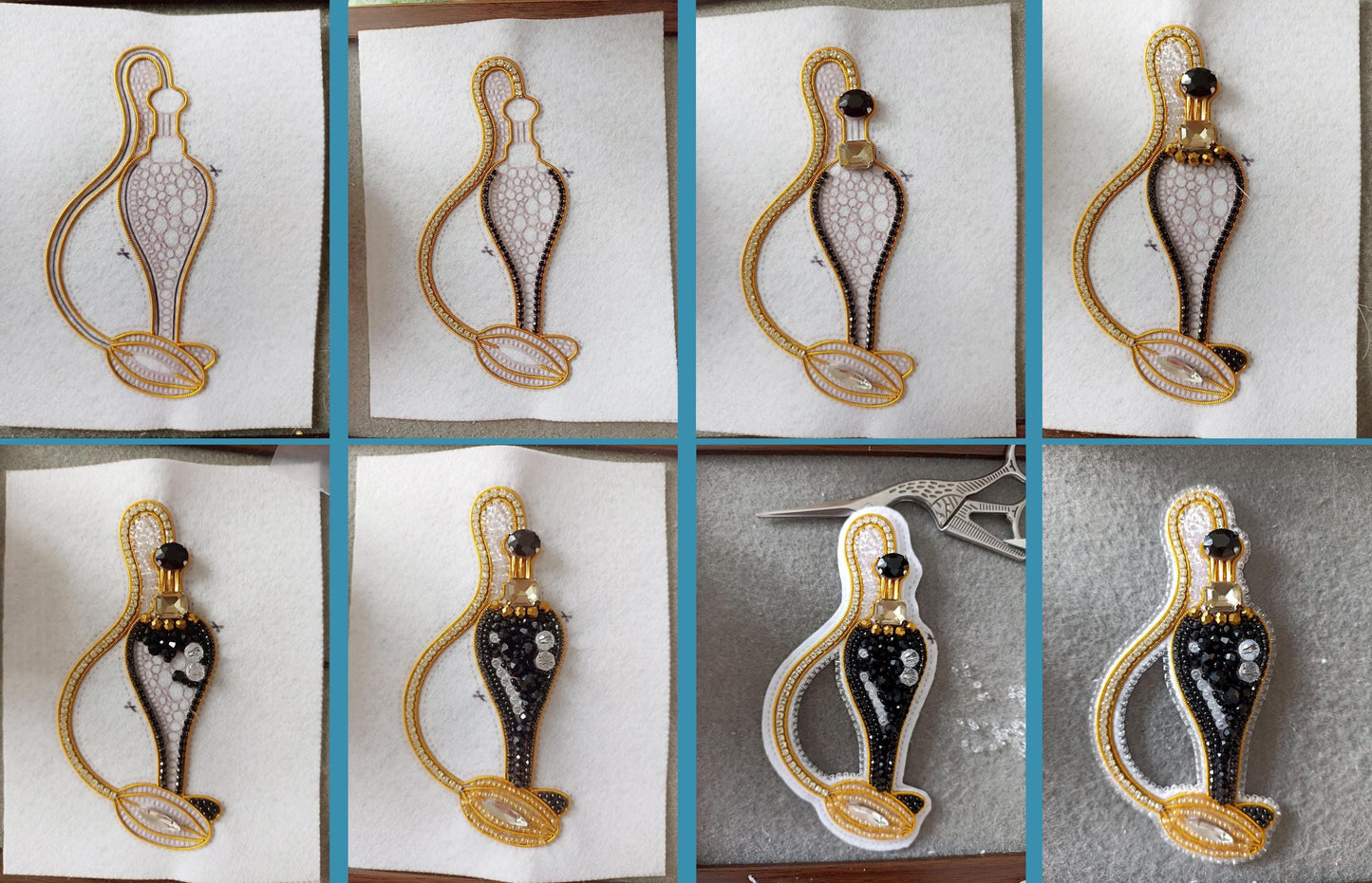 The image is a collage of six images showing the step-by-step process of creating a decorative piece, likely a beaded or embroidered design. The images depict the initial design, the creation of the beaded or embroidered elements, and the final product.