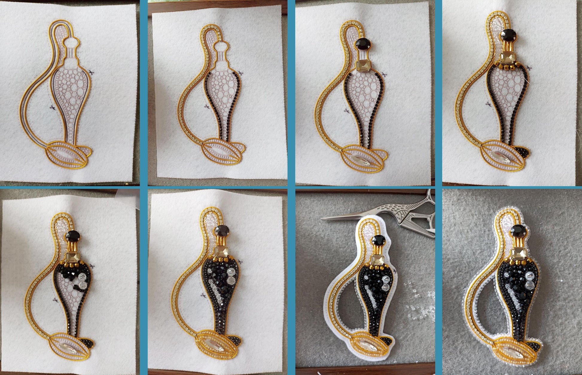 The image is a collage of six images showing the step-by-step process of creating a decorative piece, likely a beaded or embroidered design. The images depict the initial design, the creation of the beaded or embroidered elements, and the final product.