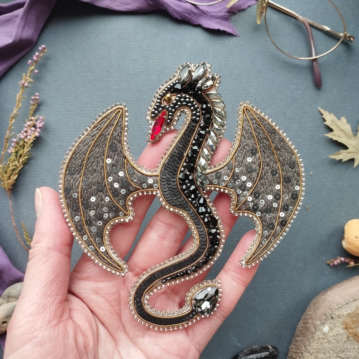 Black Dragon - Readymade Beaded Brooch