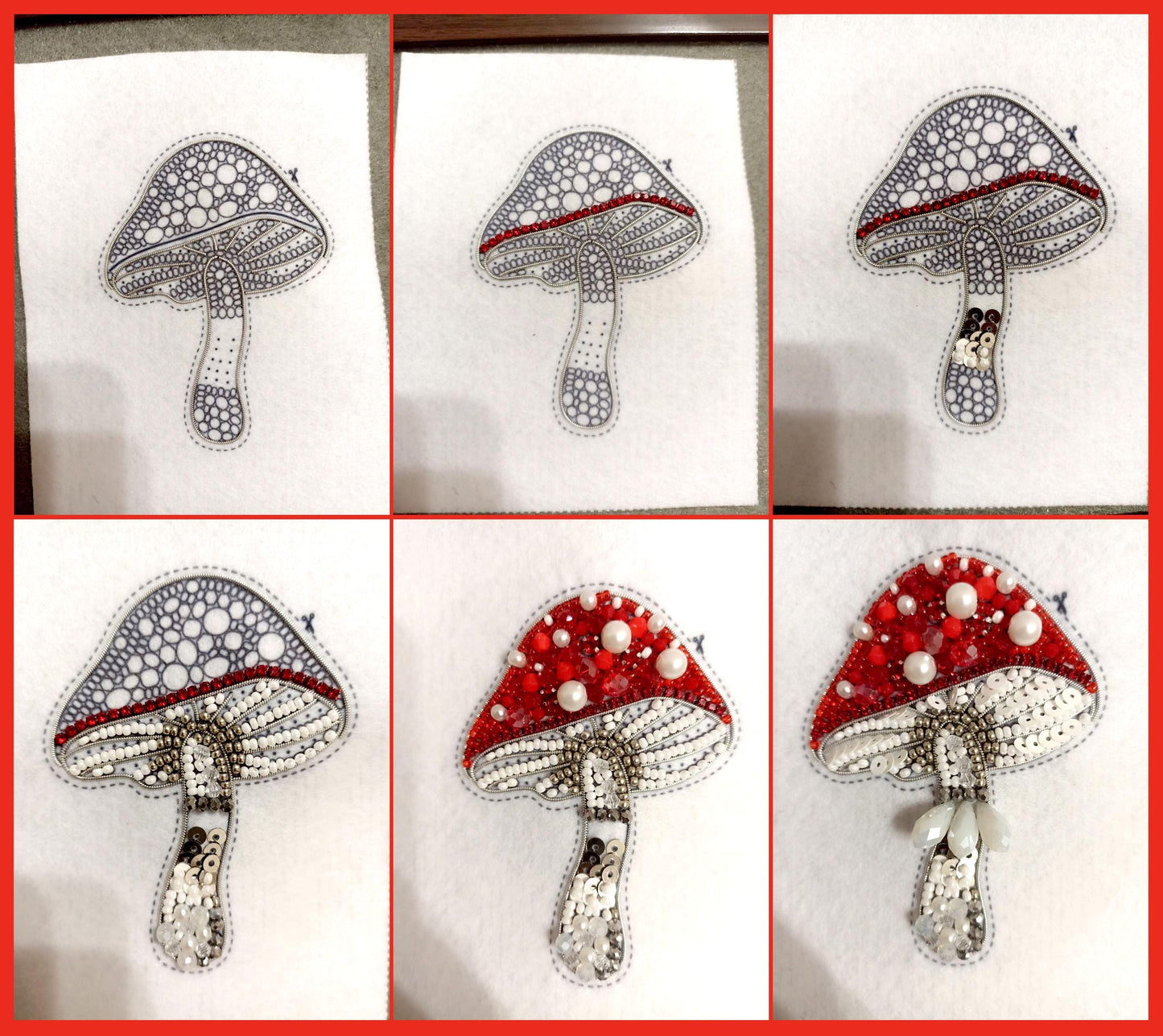 four pictures of a red and white mushroom