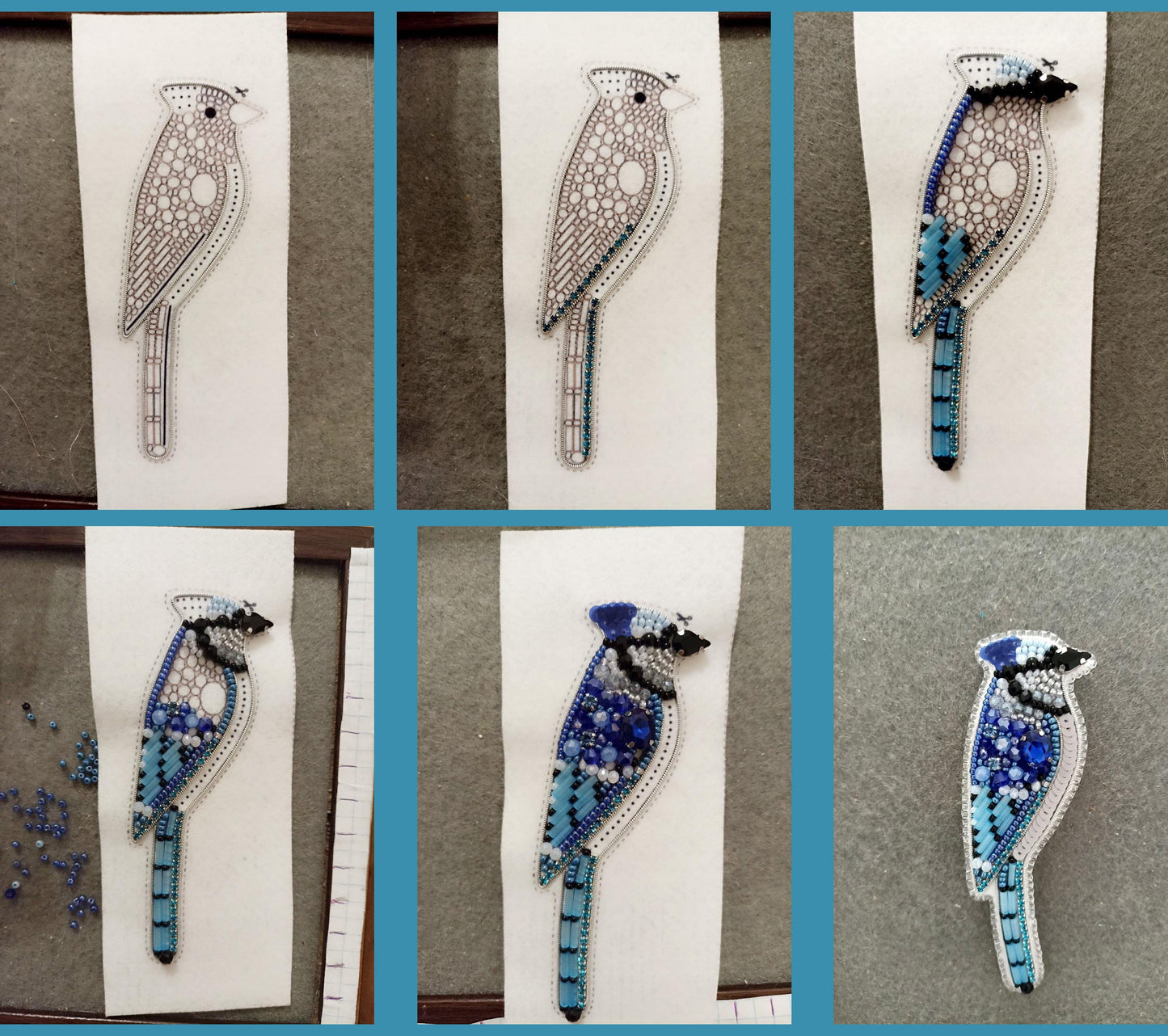 four pictures of a bird made of glass beads