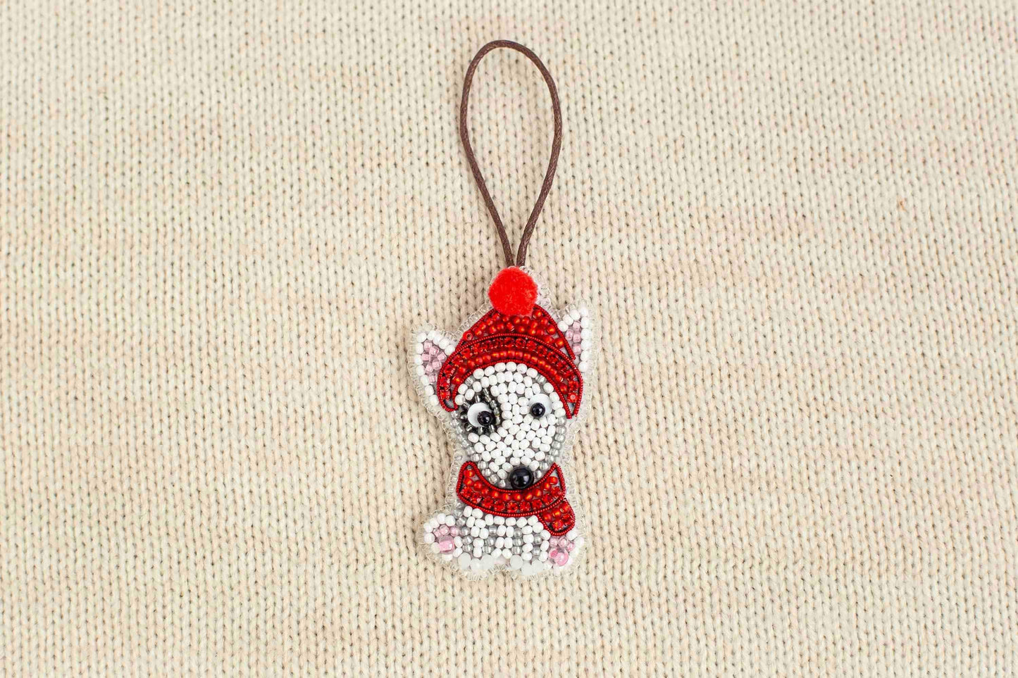 Christmas Bull Terrier Dog - Readymade Beaded Brooch