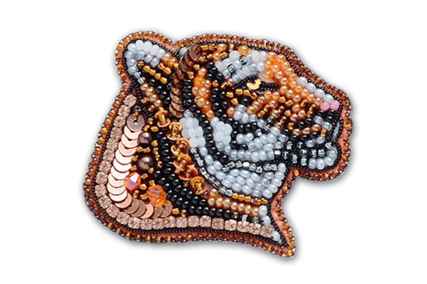 a beaded tiger head on a white background