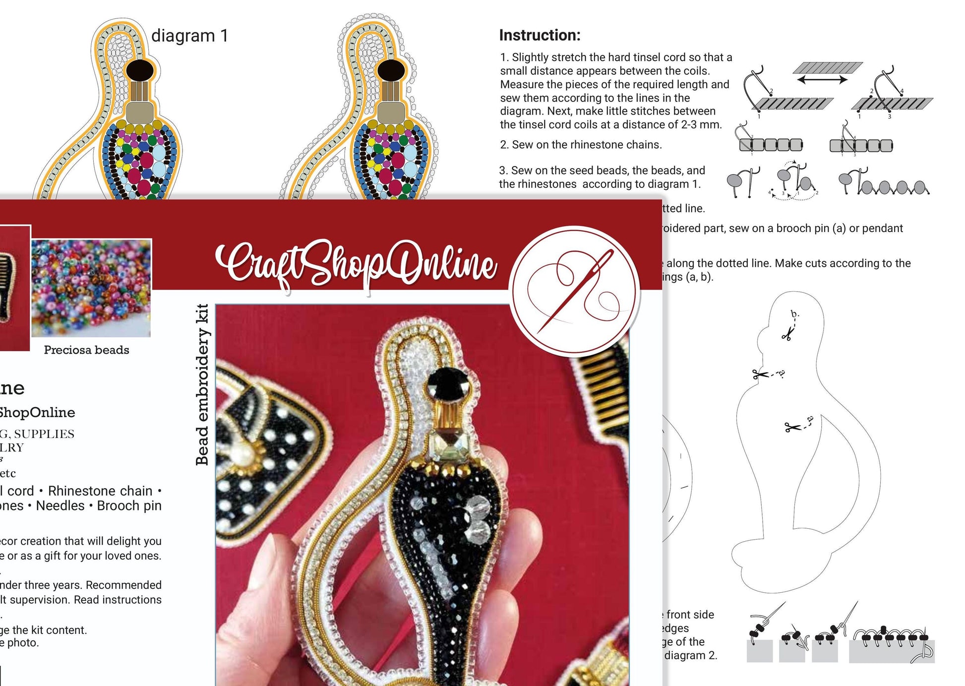 The image is a collage of various images related to bead embroidery, including a diagram, a hand holding a bead embroidery kit, and a hand-drawn bead embroidery design.