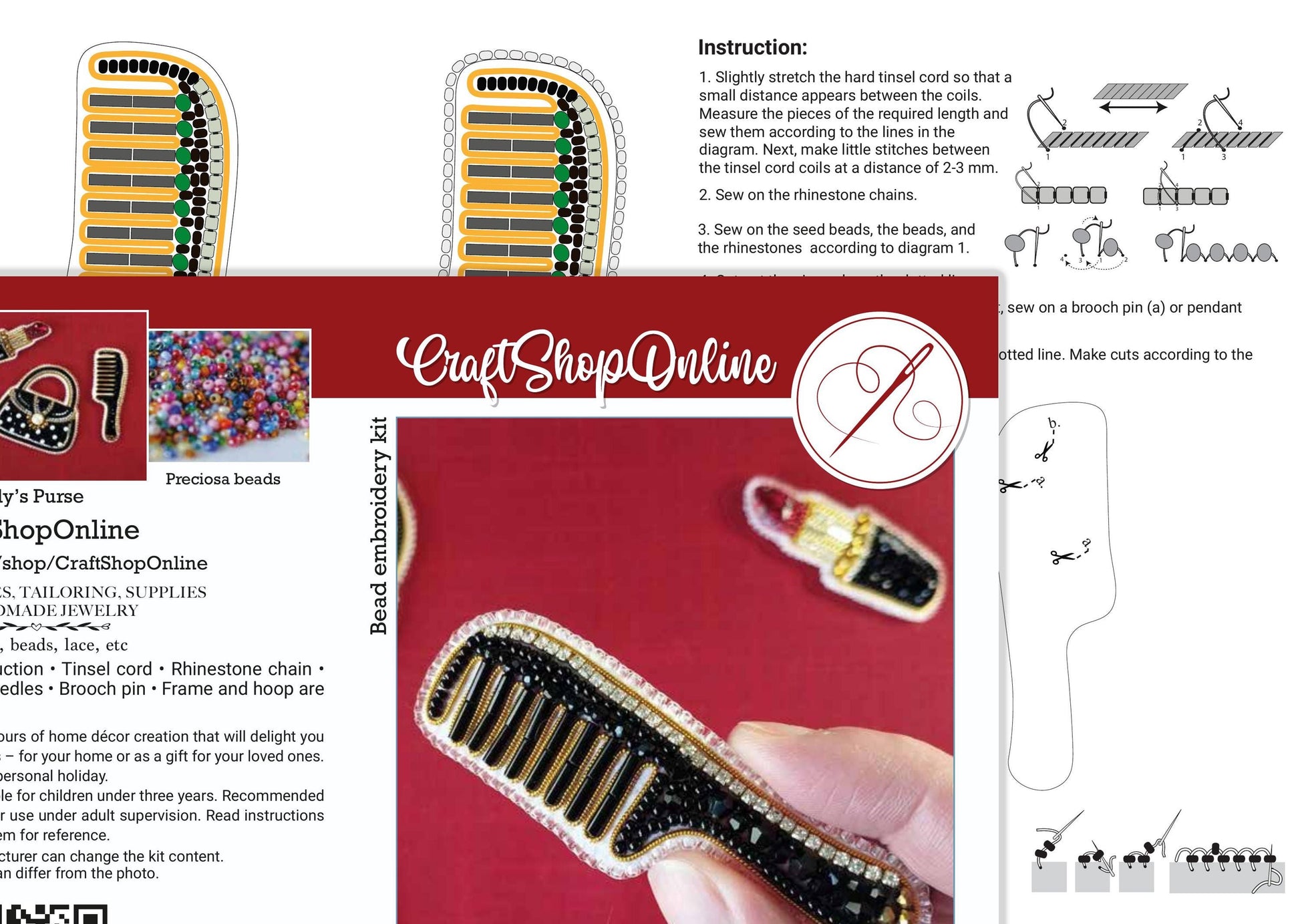 The image is a collage of various images related to the craft of beading, including a close-up of a beaded accessory, instructions, and a hand holding a beaded item.