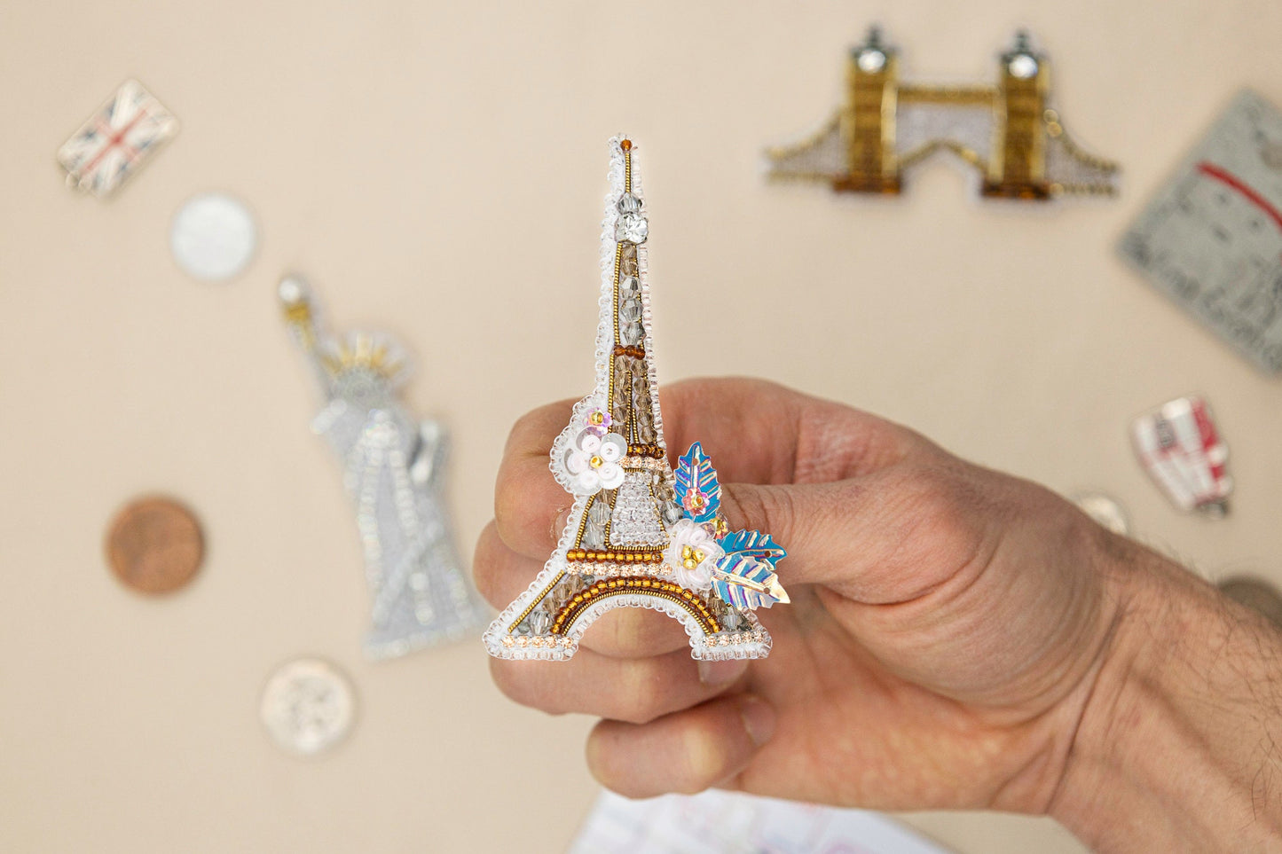 Bead Embroidery Kit - Set of 3 City Landmarks, DIY Craft kits, Patriotic Beaded Brooches, Jewelry Making Kits for Adults, Needlework beading