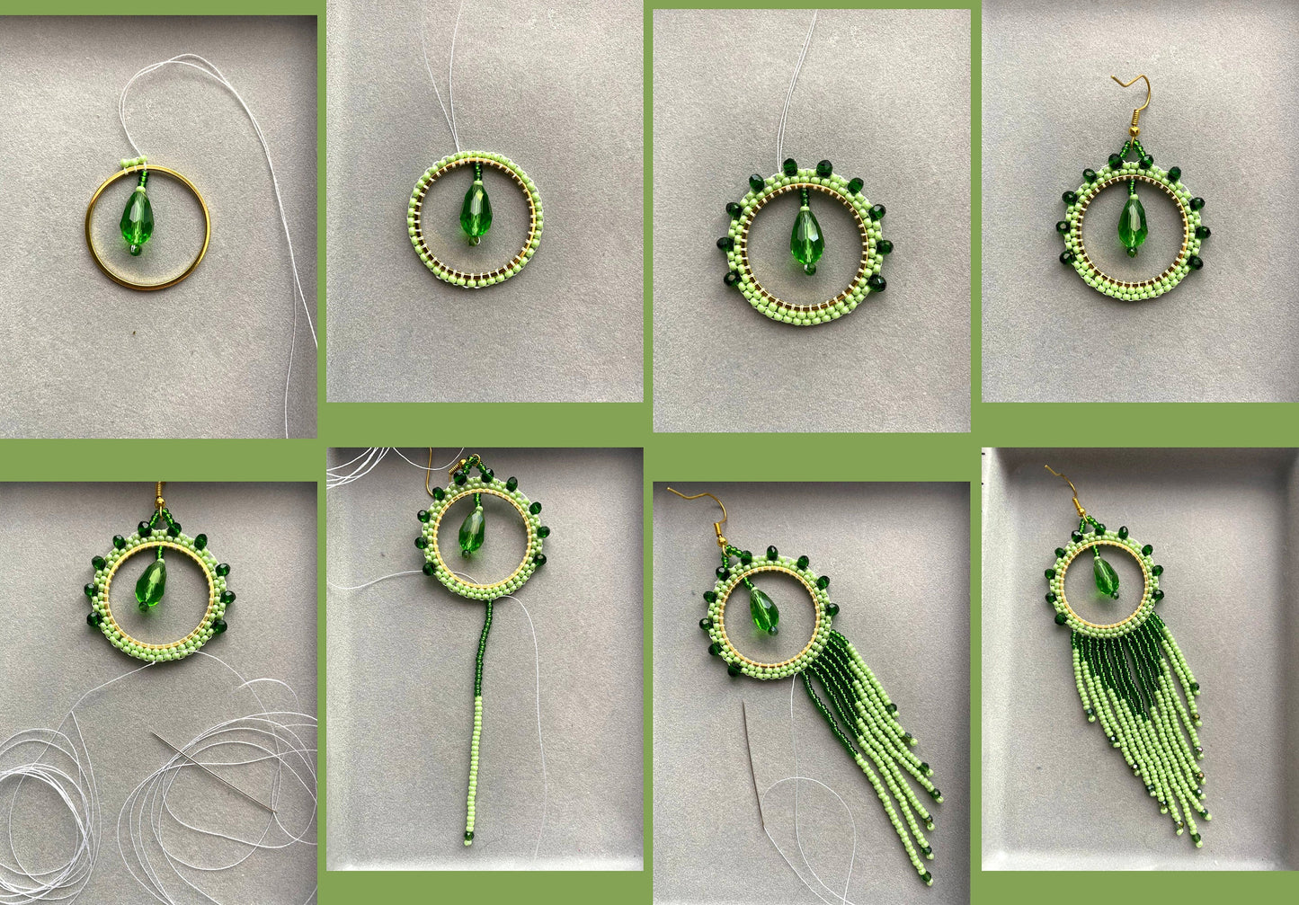a series of pictures showing how to make beaded earrings