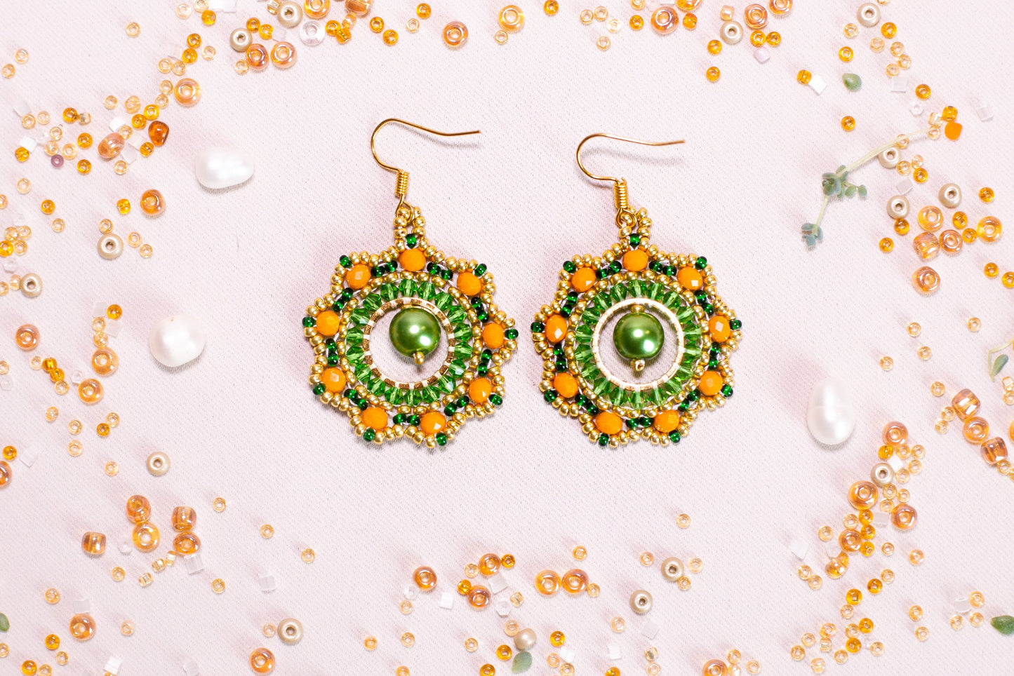 DIY Beading Kit, Green and Orange Beaded Earrings, Bedazzled Hoop Earrings, Jewelry make Adult Craft Kit