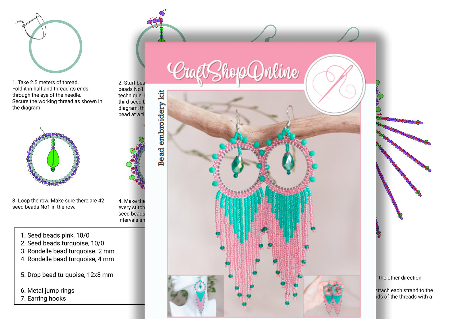 four pairs of earrings are displayed on a white surface