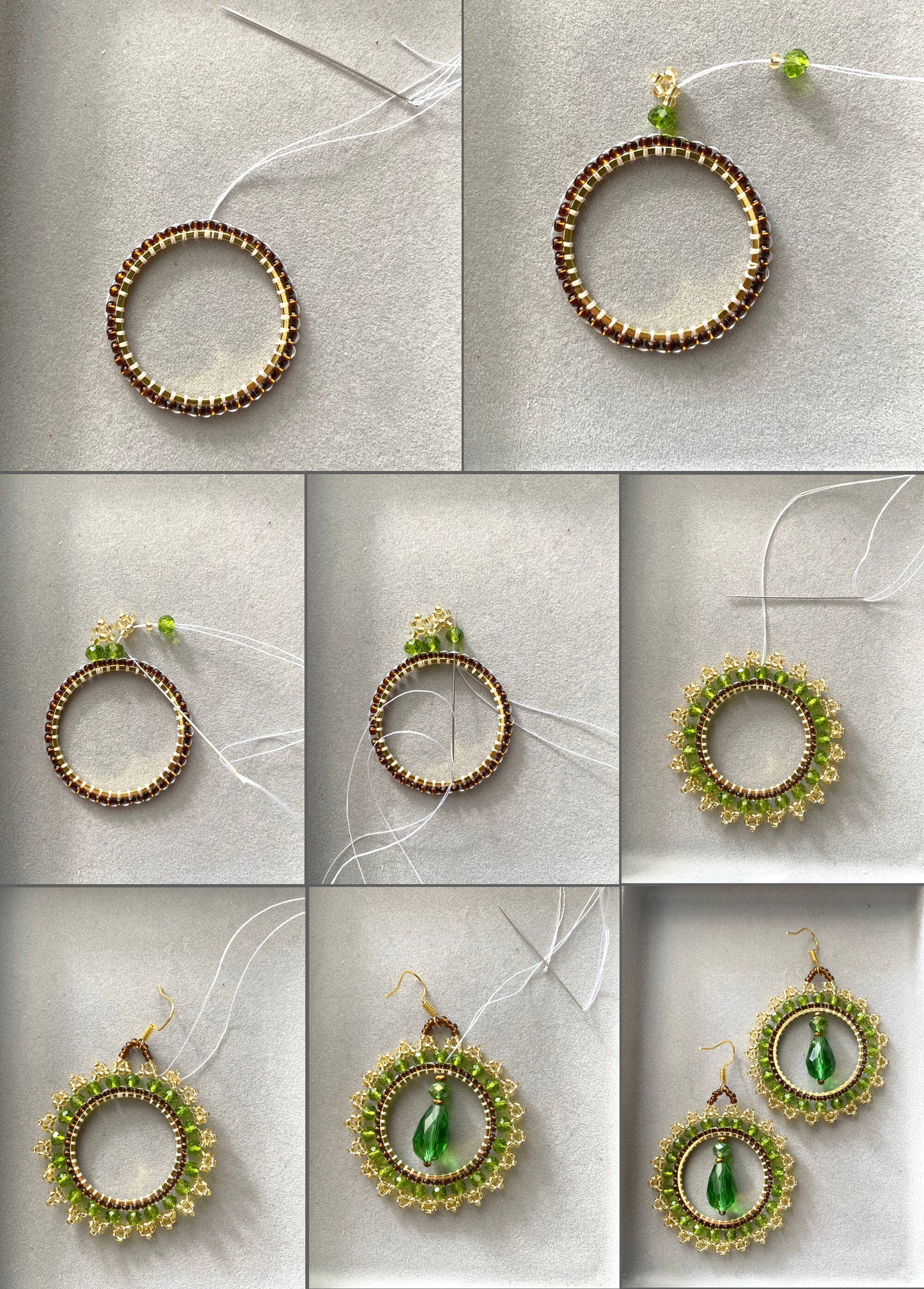 DIY Beading Kit, Green and Gold Beaded Earrings, Bedazzled Hoop Earrings, Jewelry make Adult Craft Kit