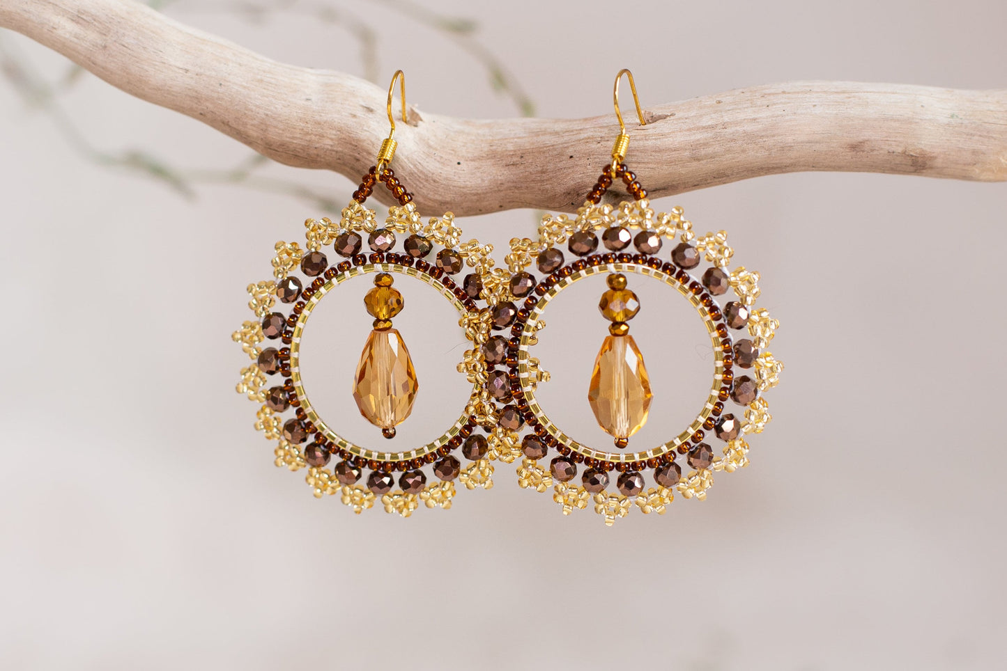 DIY Beading Kit, Brown and Gold Beaded Earrings, Bedazzled Hoop Earrings, Jewelry make Adult Craft Kit