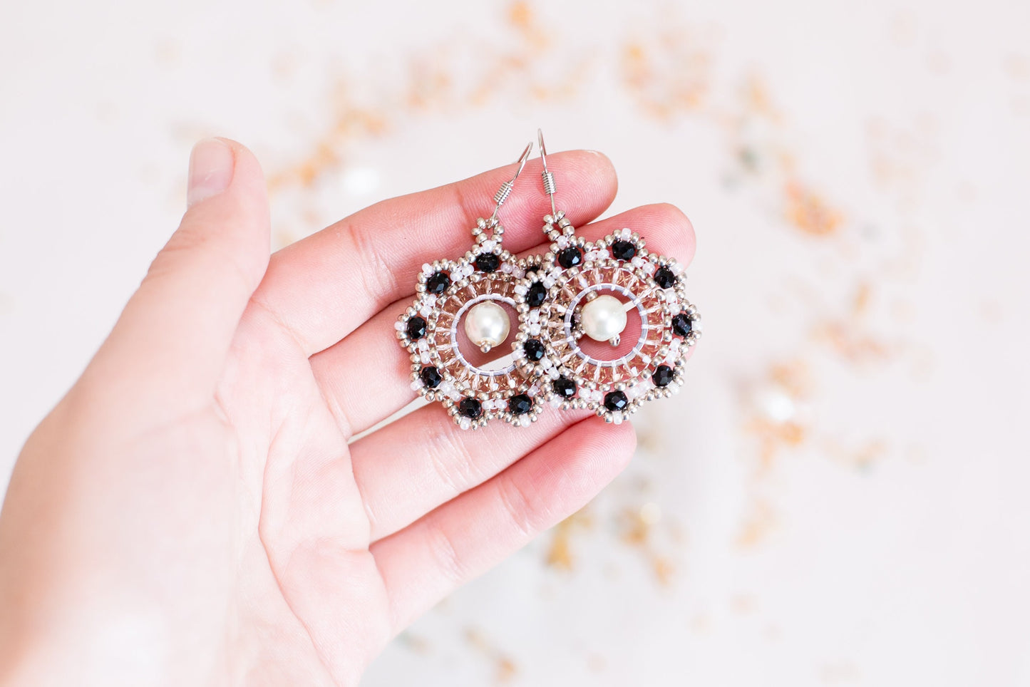 DIY Beading Kit, Black and Silver Beaded Earrings, Bedazzled Hoop Earrings, Jewelry make Adult Craft Kit