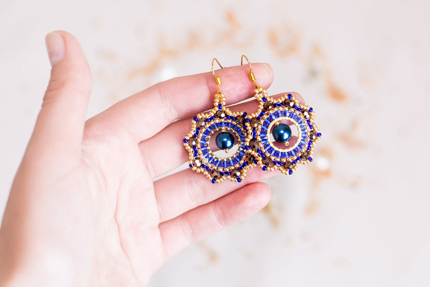 DIY Beading Kit, Blue and Brown Beaded Earrings, Bedazzled Hoop Earrings, Jewelry make Adult Craft Kit