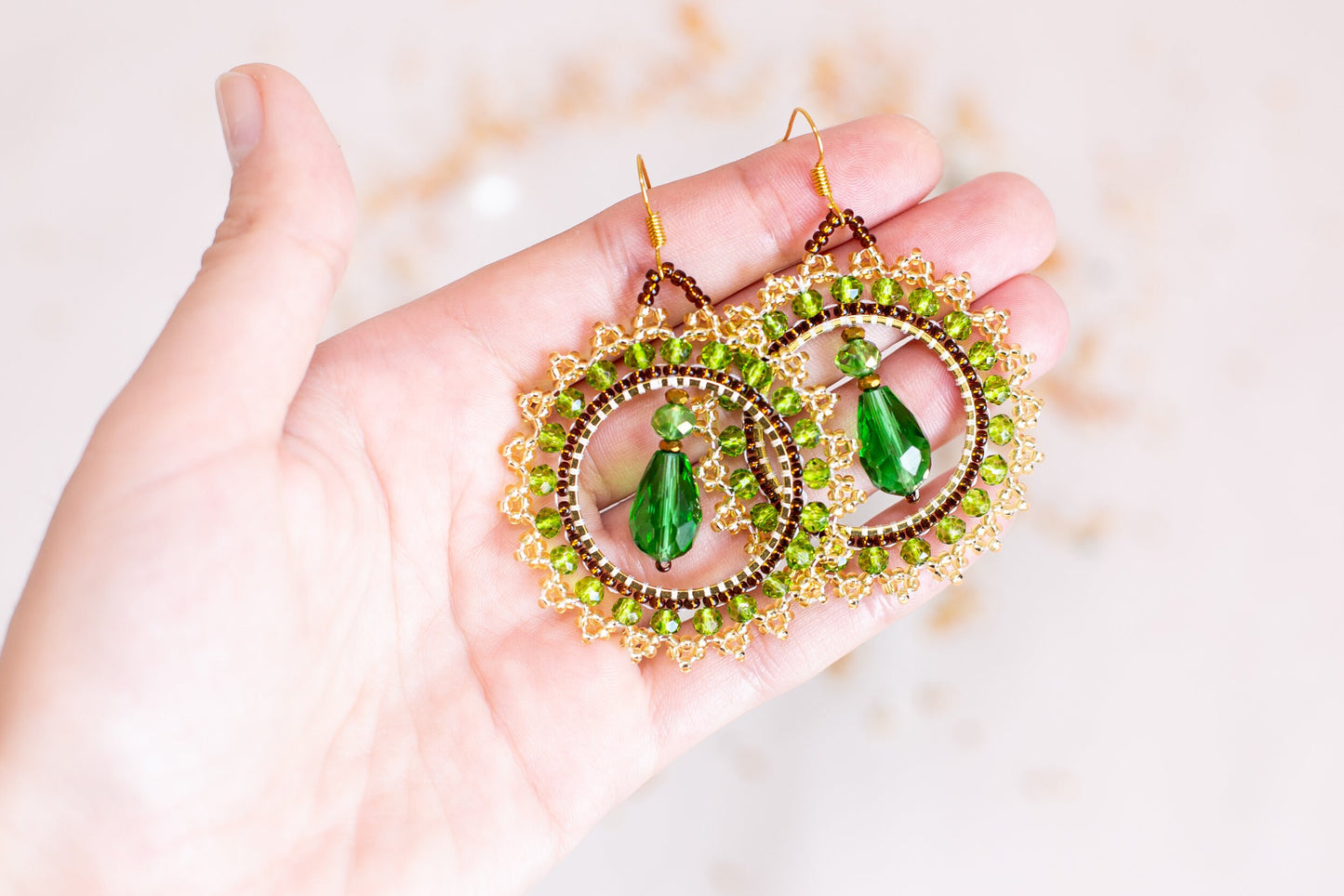 DIY Beading Kit, Green and Gold Beaded Earrings, Bedazzled Hoop Earrings, Jewelry make Adult Craft Kit
