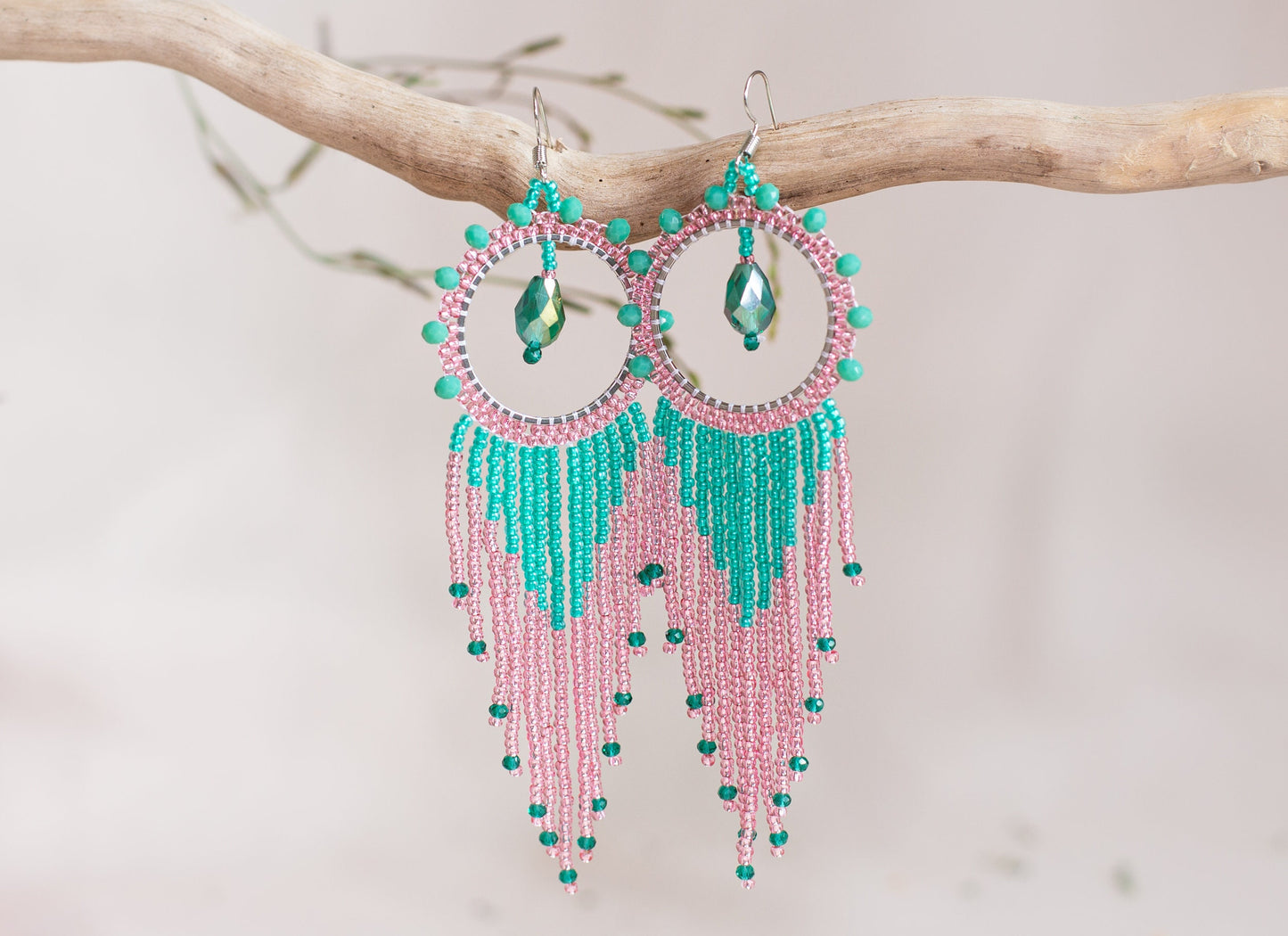 DIY Beading Kit, Pink and Blue Fringe Earrings, Bedazzled Hoop Earrings, Jewelry make Adult Craft Kit