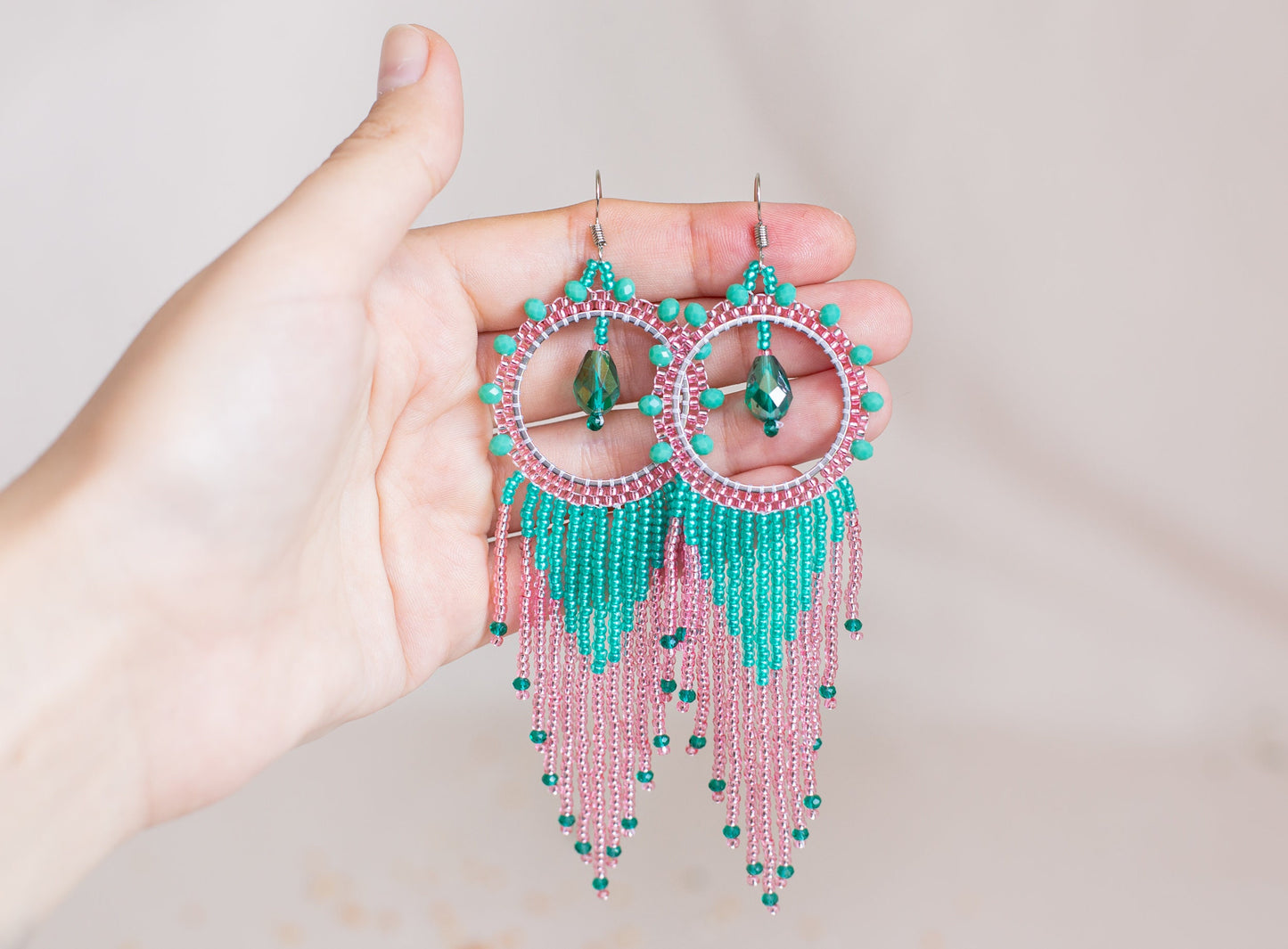 DIY Beading Kit, Pink and Blue Fringe Earrings, Bedazzled Hoop Earrings, Jewelry make Adult Craft Kit