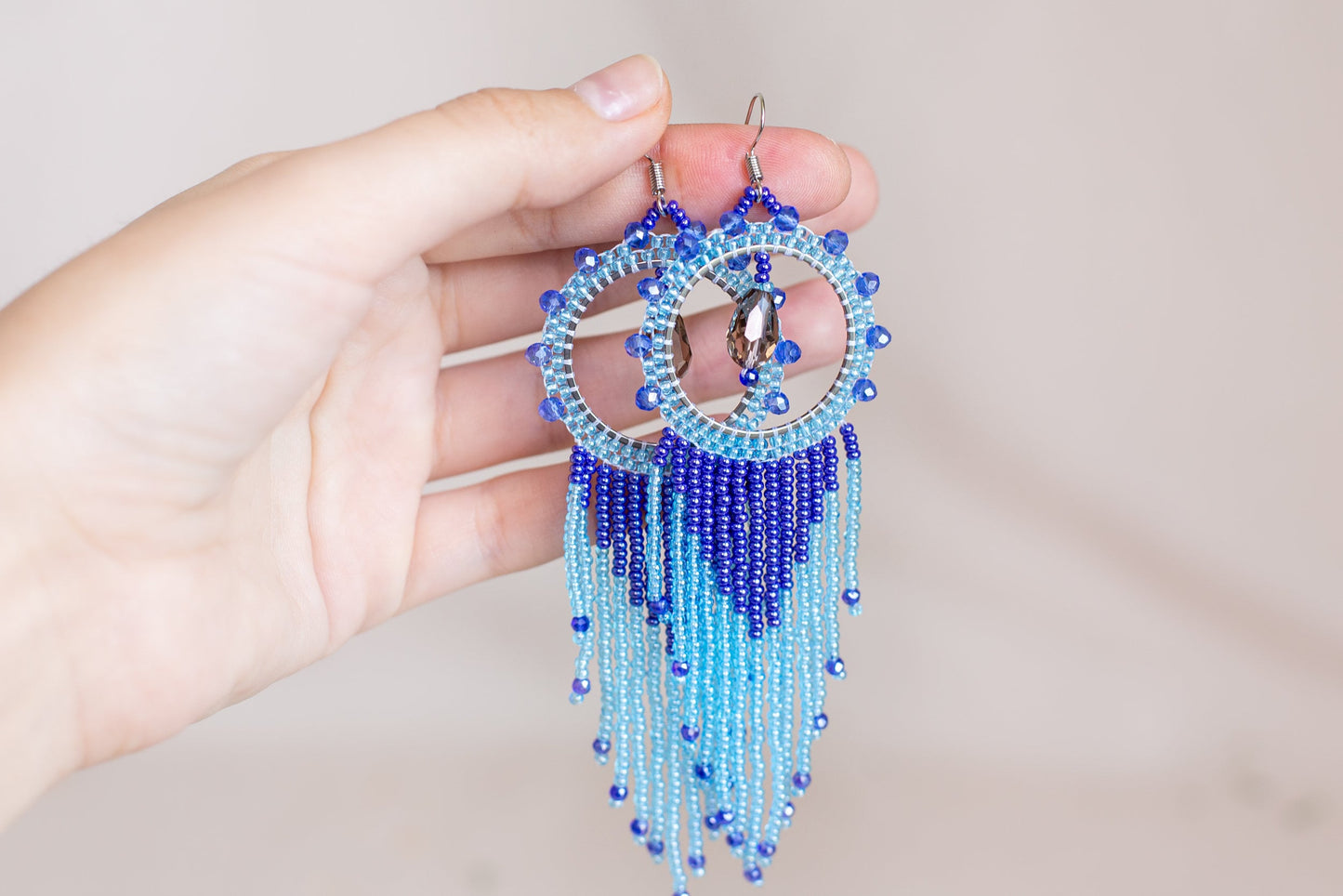 DIY Beading Kit, Blue Fringe Earrings, Bedazzled Hoop Earrings, Jewelry make Adult Craft Kit