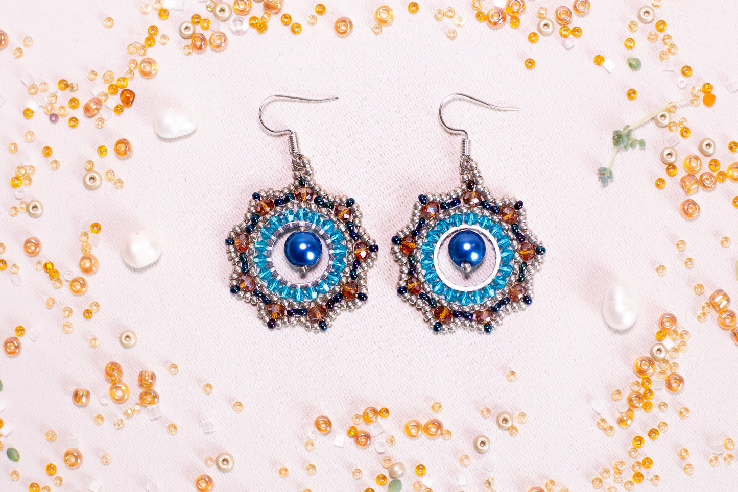 DIY Beading Kit, Beige and Blue Beaded Earrings, Bedazzled Hoop Earrings, Jewelry make Adult Craft Kit