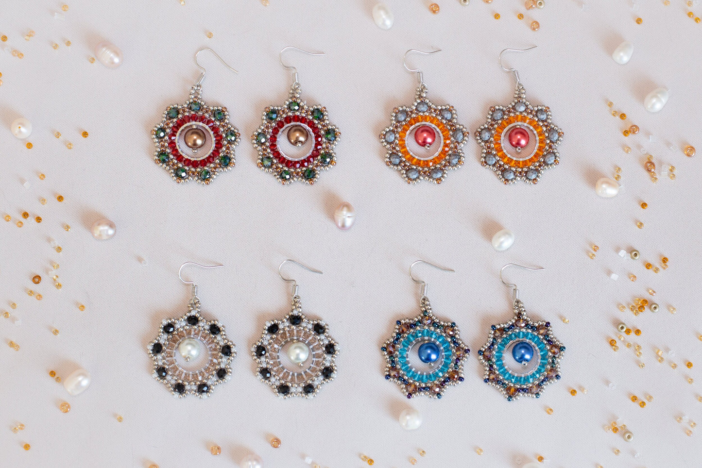 DIY Beading Kit, Beige and Blue Beaded Earrings, Bedazzled Hoop Earrings, Jewelry make Adult Craft Kit