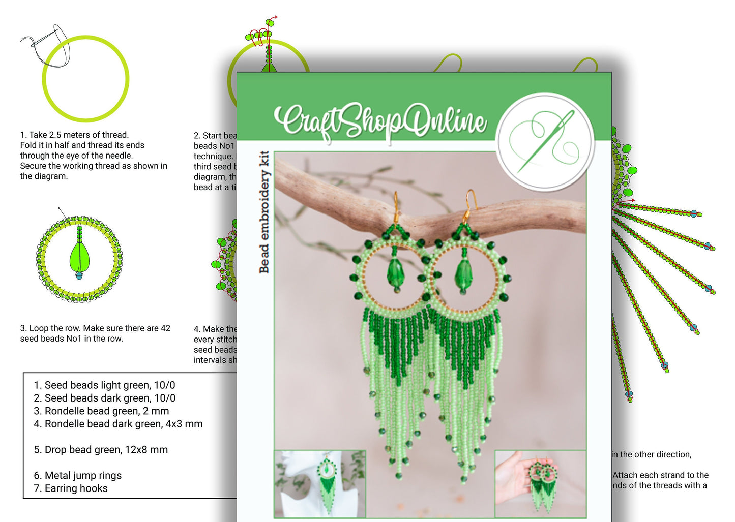 DIY Beading Kit, Green Fringe Earrings, Bedazzled Hoop Earrings, Jewelry make Adult Craft Kit