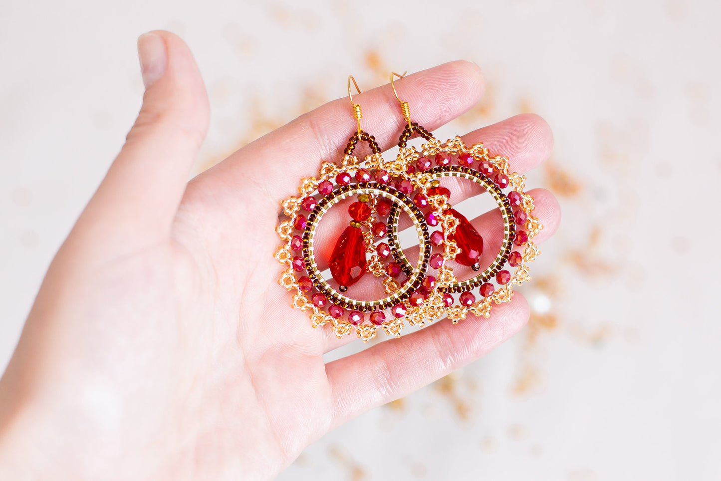 DIY Beading Kit, Red and Gold Beaded Earrings, Bedazzled Hoop Earrings, Jewelry make Adult Craft Kit