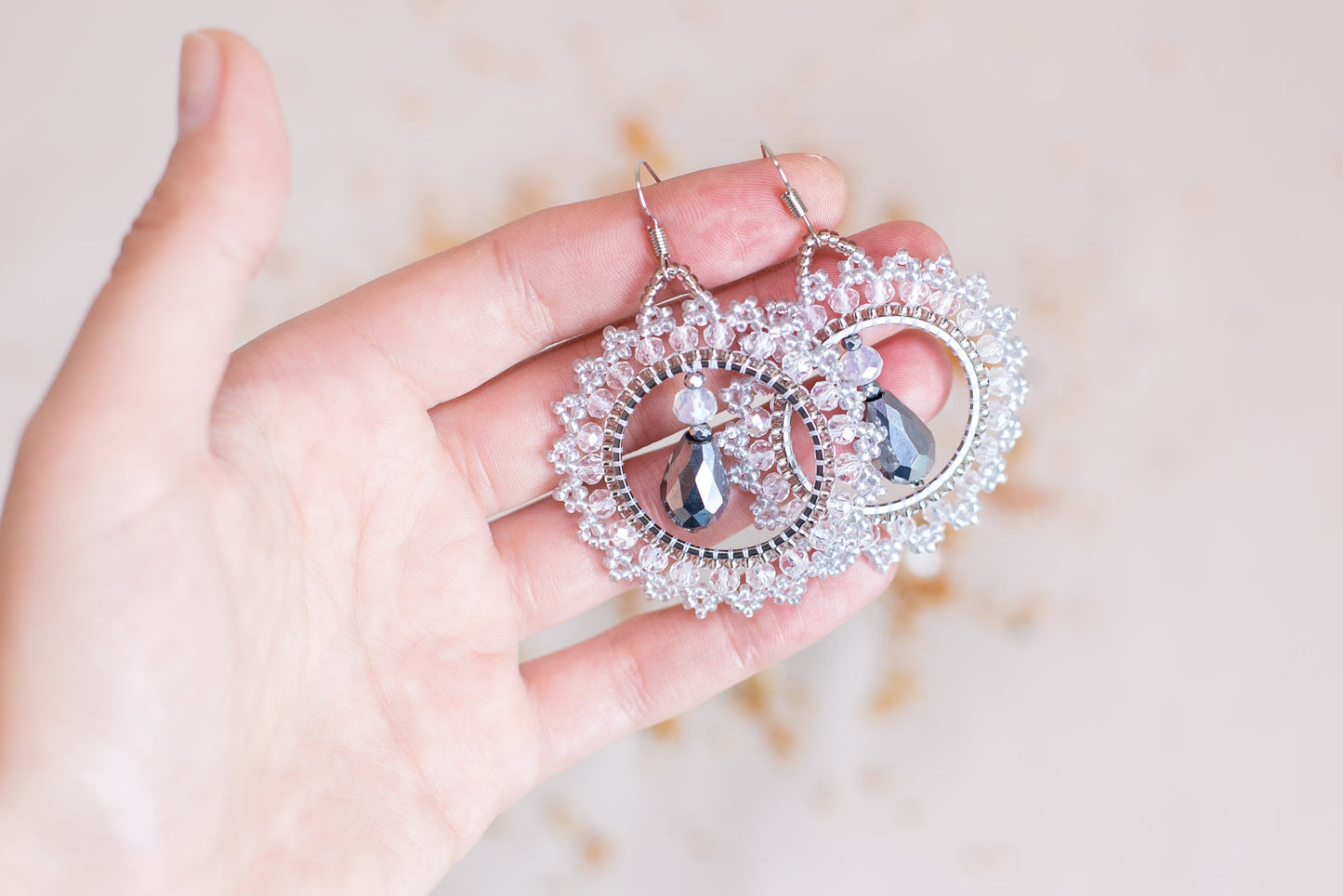 DIY Beading Kit, White and Silver Beaded Earrings, Bedazzled Hoop Earrings, Jewelry make Adult Craft Kit