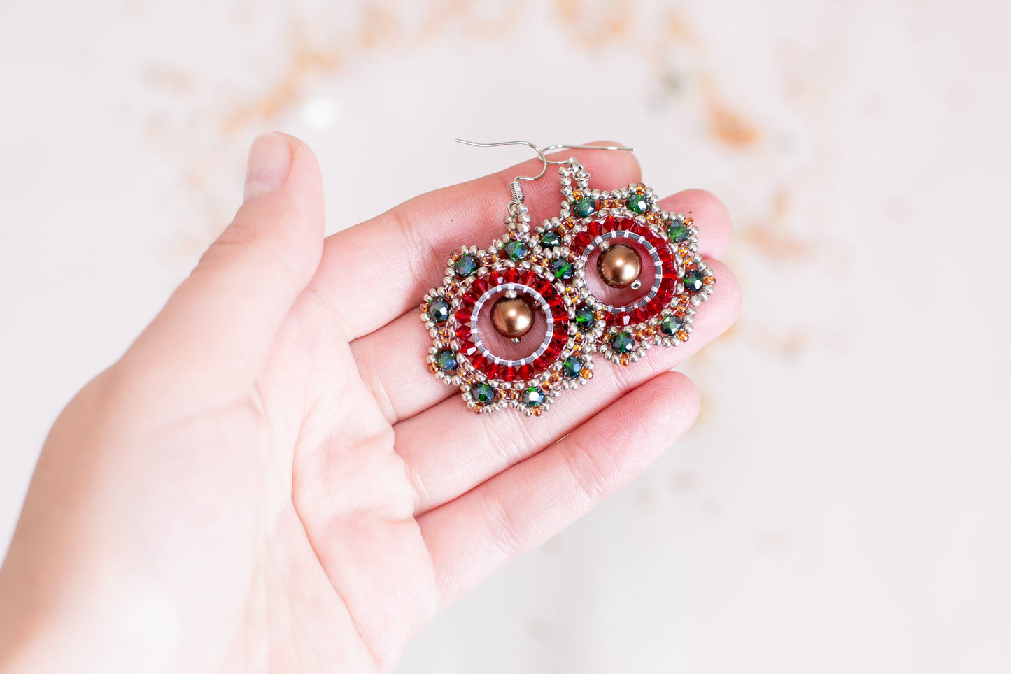 DIY Beading Kit, Red and Emerald Beaded Earrings, Bedazzled Hoop Earrings, Jewelry make Adult Craft Kit