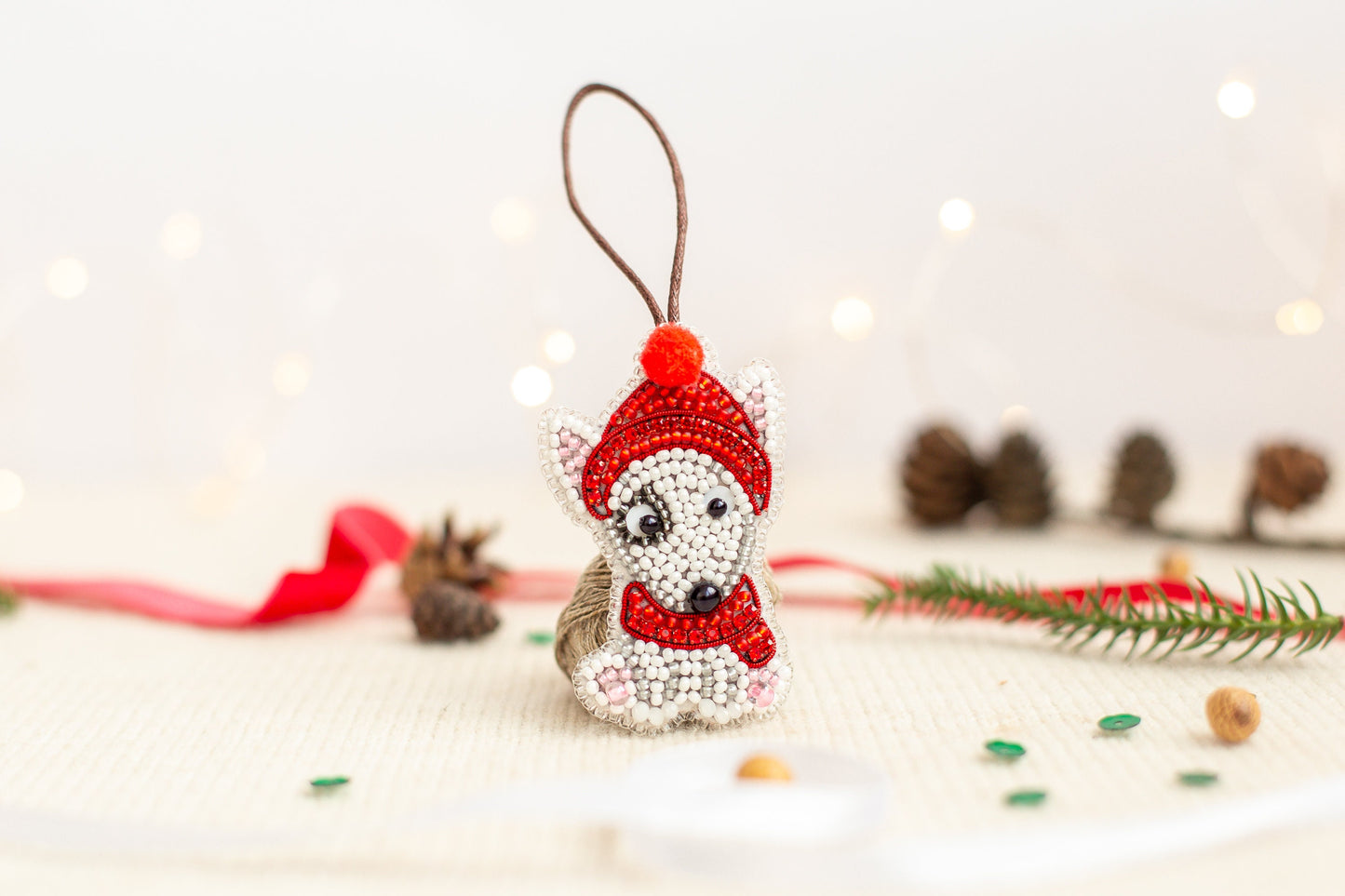 Christmas Bull Terrier Bead embroidery kit. Dog Seed Bead Brooch kit. DIY Craft kit. Beadweaving Kit. Needlework beading