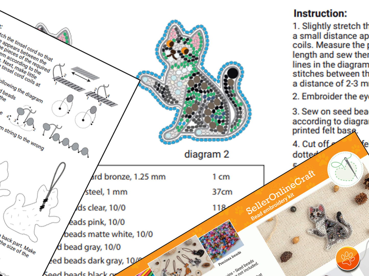 Gray Cat Bead embroidery kit. Seed Bead Brooch kit. DIY Craft kit. Beadweaving Kit. Needlework beading. Handmade Jewelry Making Kit