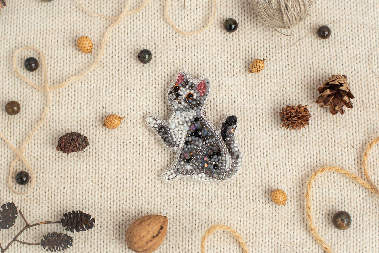 Gray Tabby Cat Bead embroidery kit. Seed Bead Brooch kit. DIY Craft kit. Beadweaving Kit. Needlework beading. Handmade Jewelry Making Kit