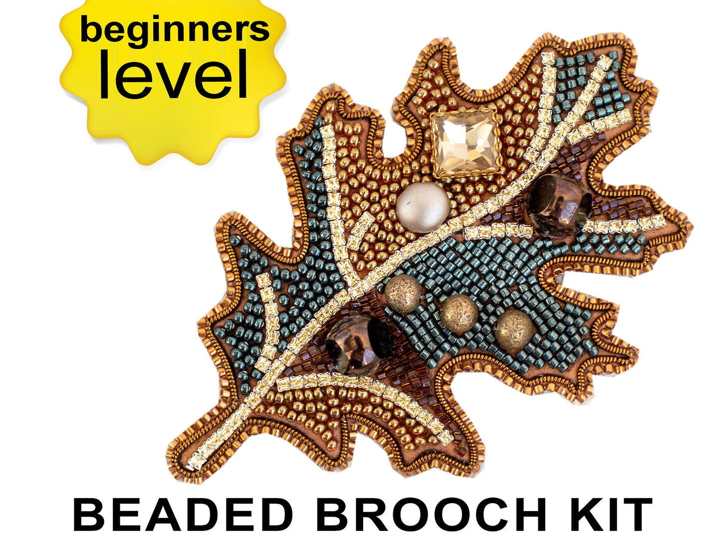 Oak Leaf Bead embroidery kit. Seed Bead Brooch kit. DIY Craft kit. Beading kit. Needlework beading. Handmade Jewelry Making Kit